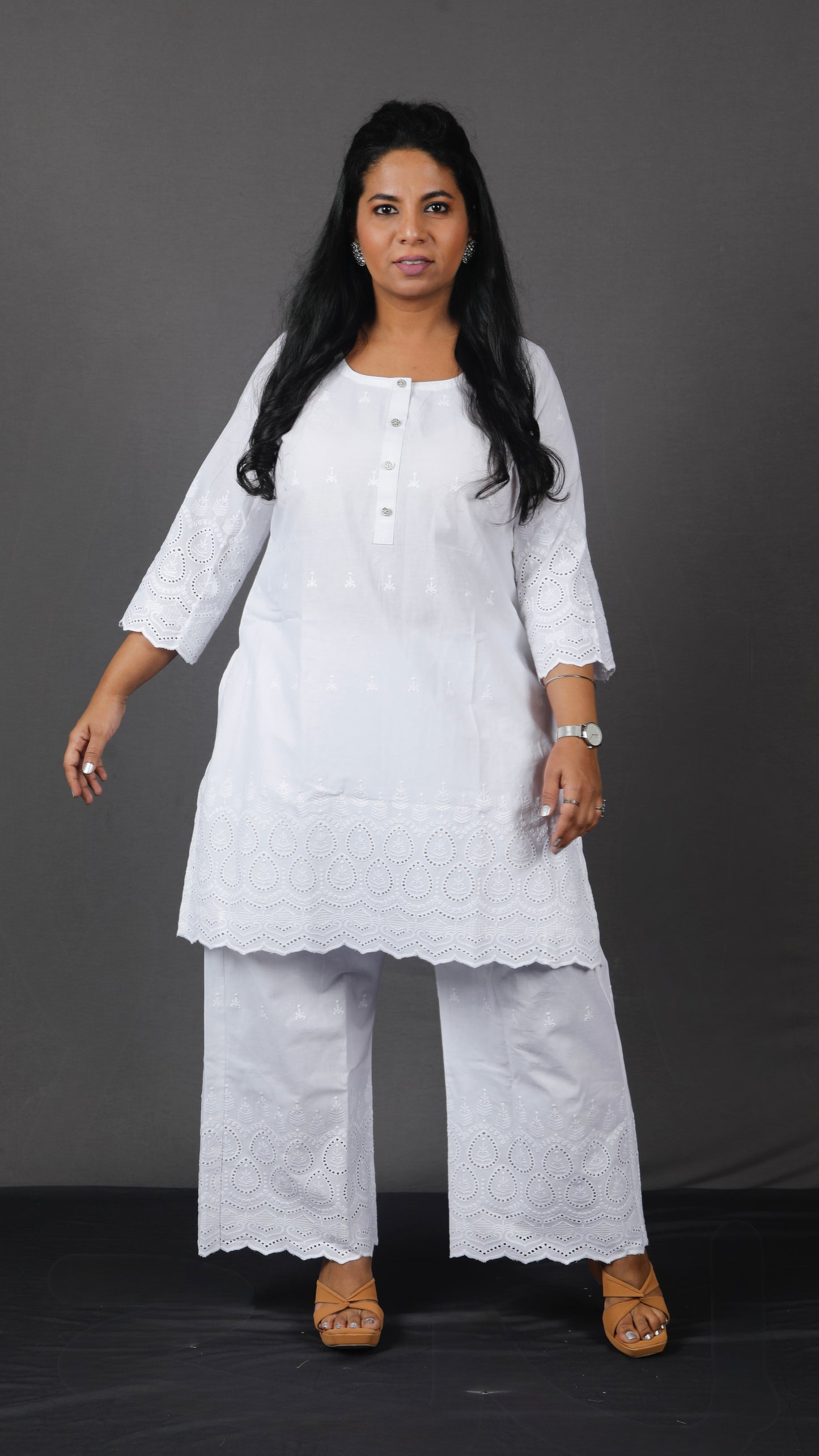 Ruhani - Set - Pure cotton with schiffli embroidery - White - dupatta optional