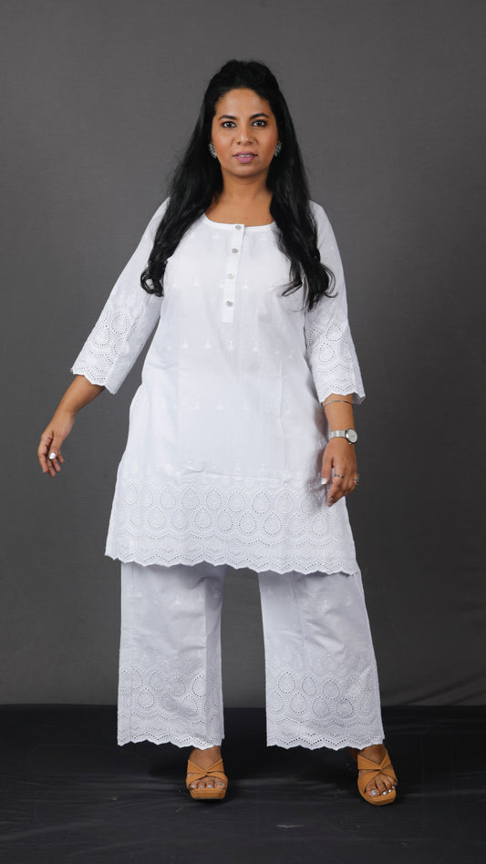 Ruhani - Set - Pure cotton with schiffli embroidery - White - dupatta optional
