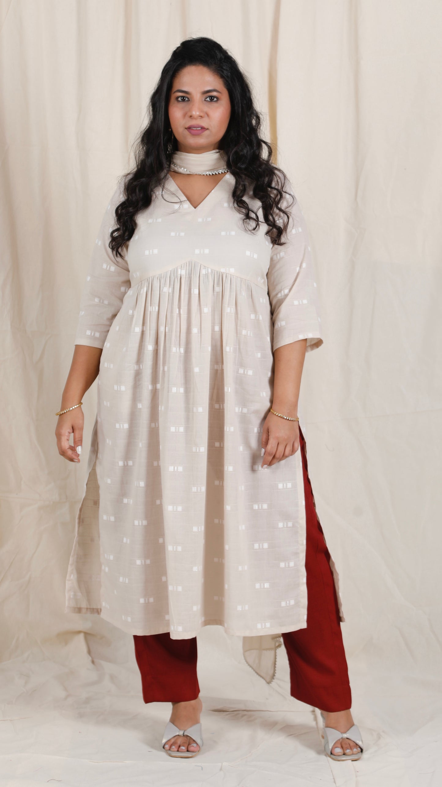 Ayra cords - Beige & Maroon - Mul cotton with Soft cotton Pants + Chiffon dupatta Optional