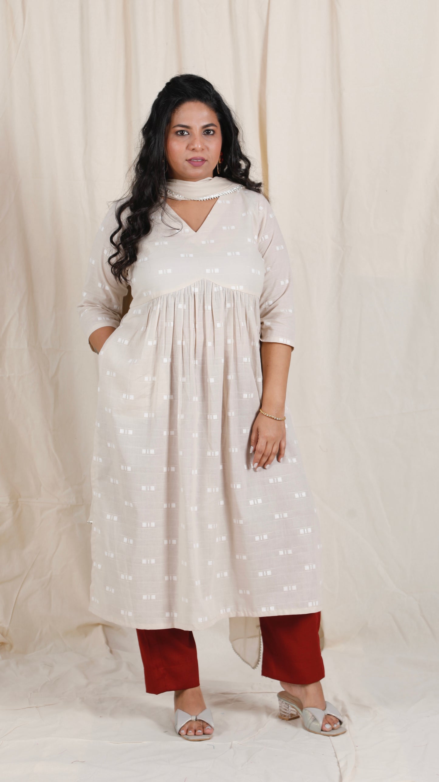 Ayra cords - Beige & Maroon - Mul cotton with Soft cotton Pants + Chiffon dupatta Optional