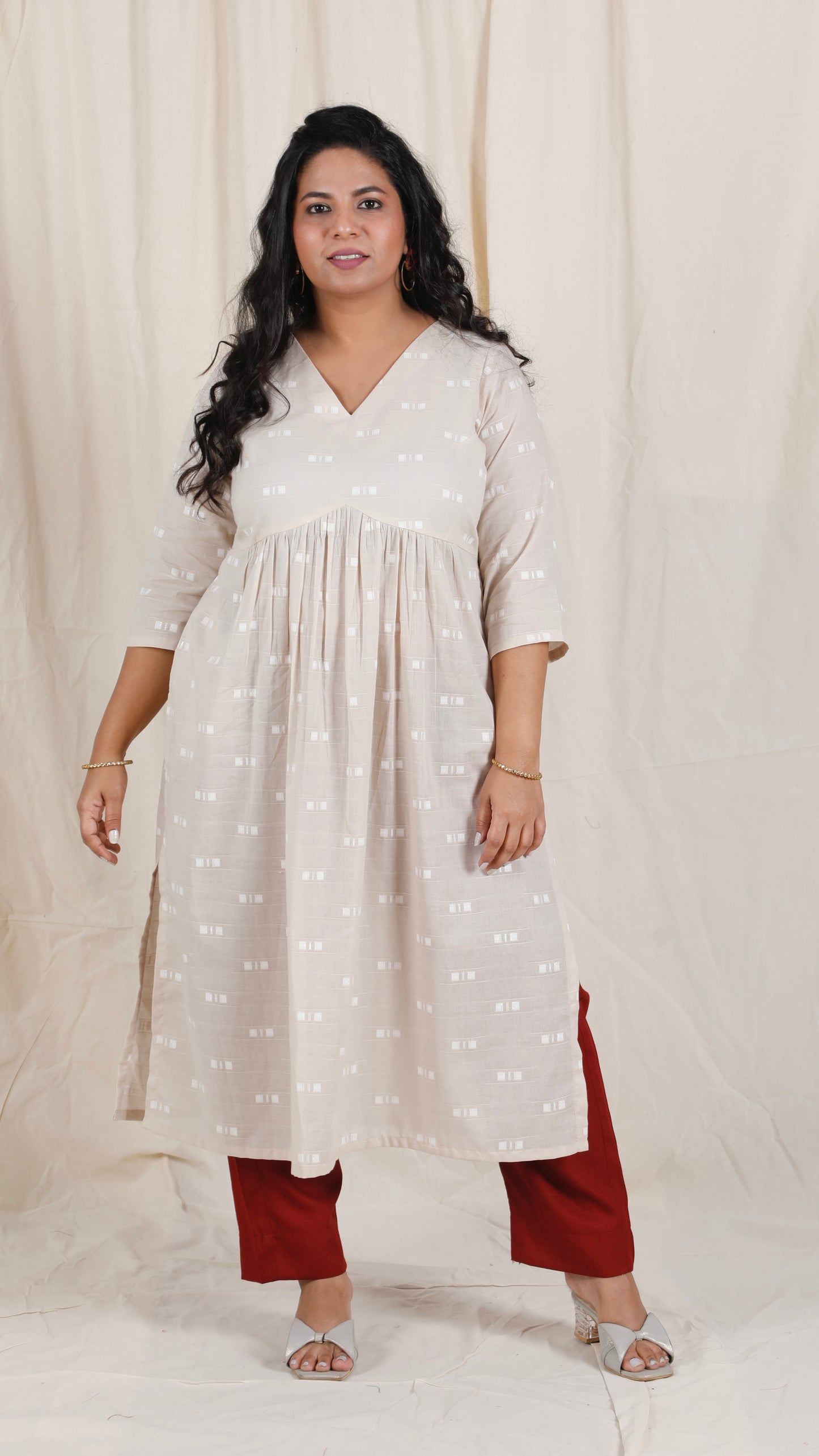 Ayra cords - Beige & Maroon - Mul cotton with Soft cotton Pants + Chiffon dupatta Optional