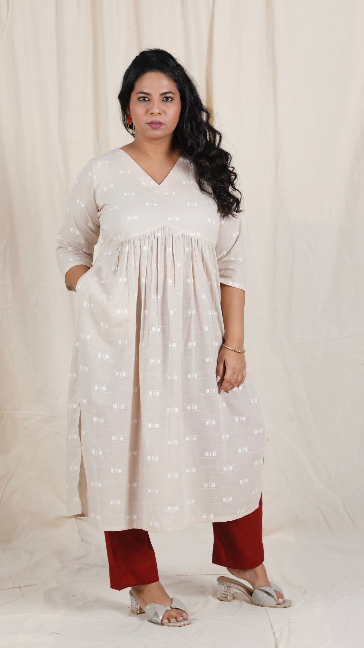 Ayra cords - Beige & Maroon - Mul cotton with Soft cotton Pants + Chiffon dupatta Optional