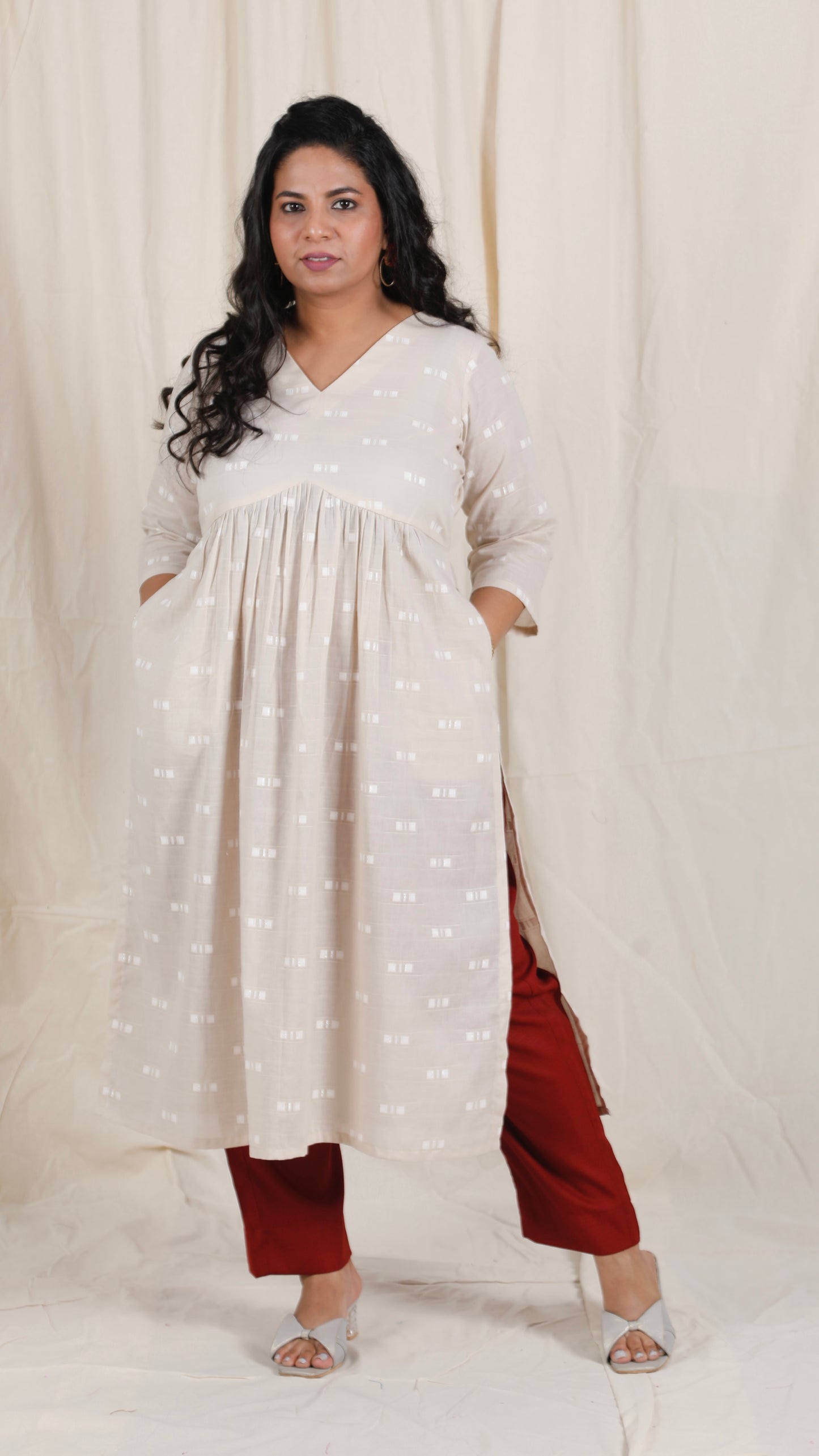 Ayra cords - Beige & Maroon - Mul cotton with Soft cotton Pants + Chiffon dupatta Optional