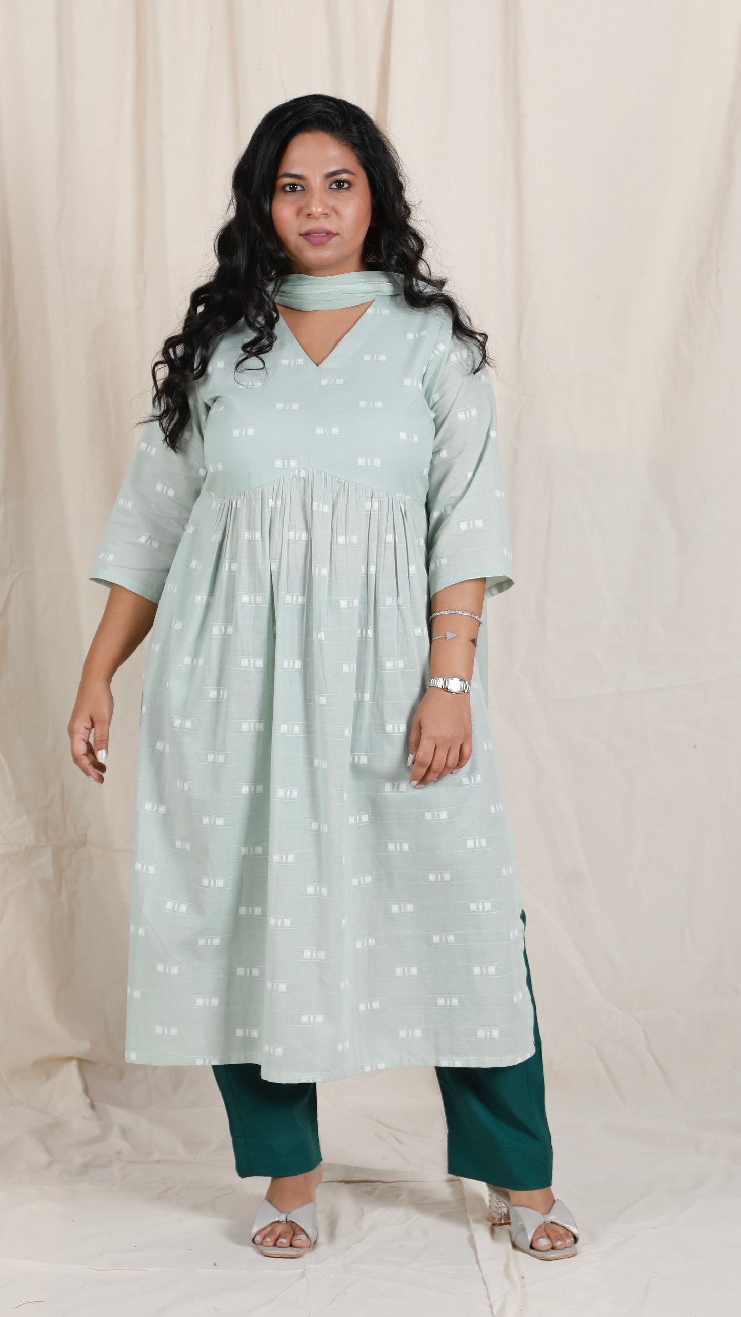 Ayra cords - Green - Mul cotton with Soft cotton Pants + Chiffon dupatta Optional