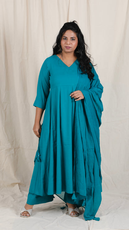 Meher -3 pc - Peacock Green - Cotton Anarkali set + mul dupatta