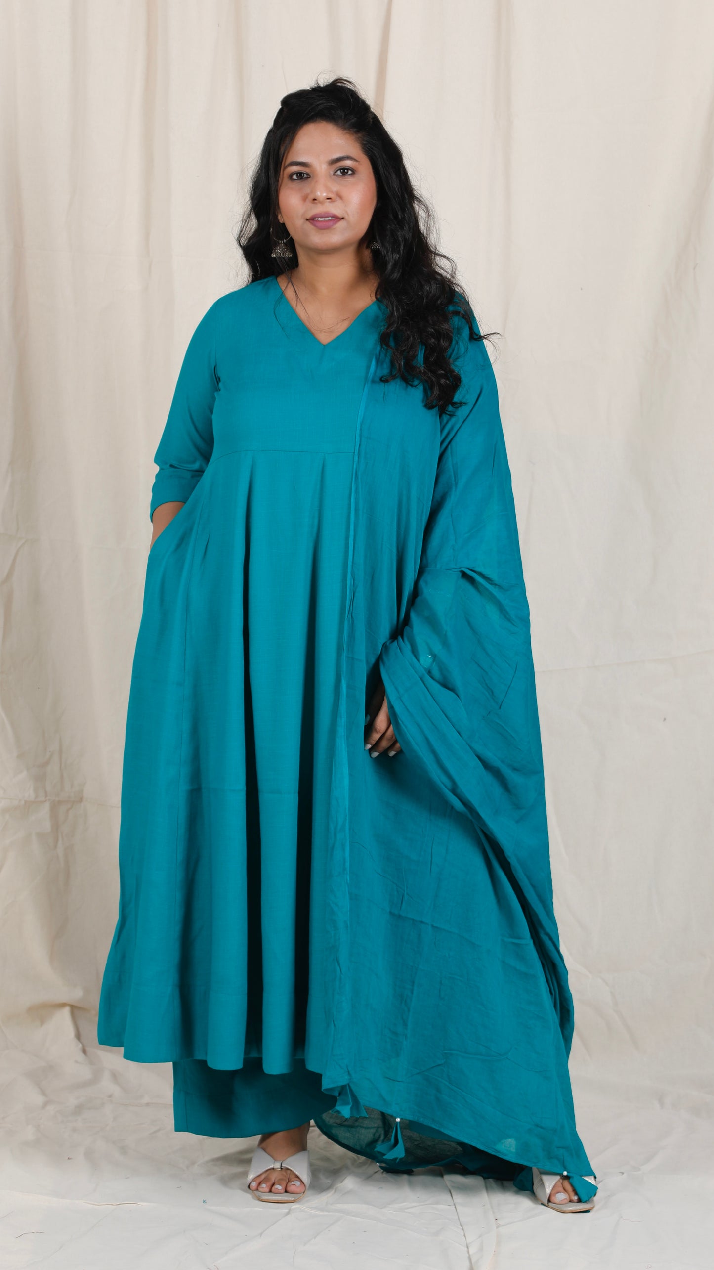 Meher -3 pc - Peacock Green - Cotton Anarkali set + mul dupatta