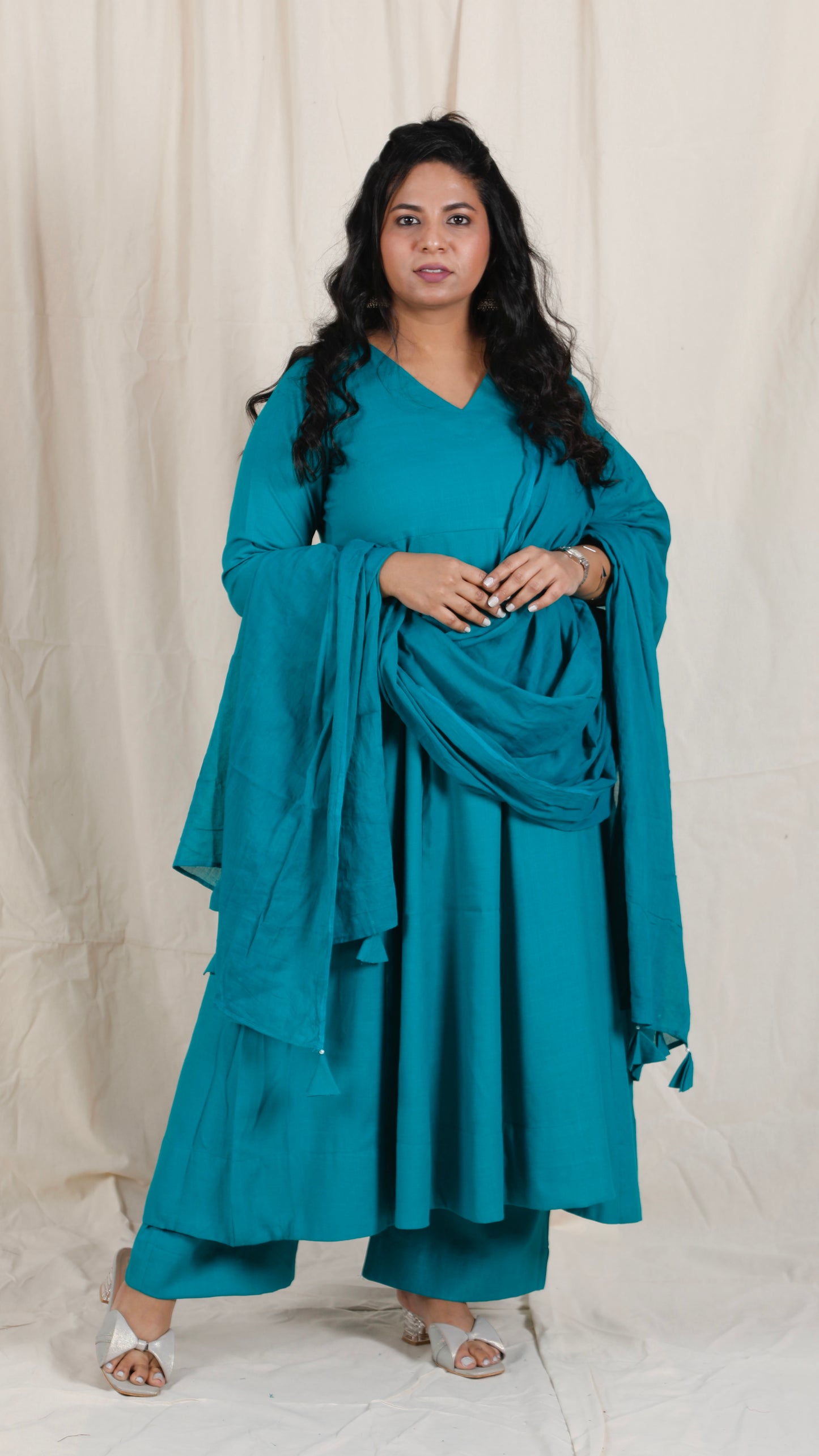 Meher -3 pc - Peacock Green - Cotton Anarkali set + mul dupatta