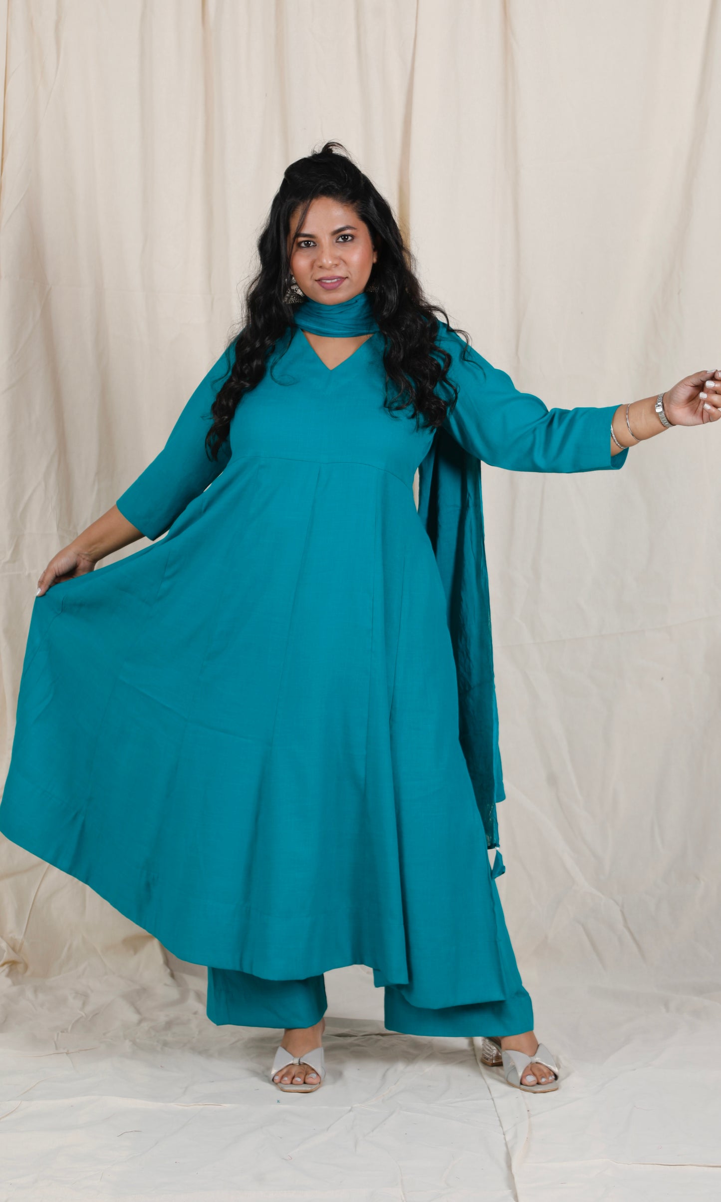 Meher -3 pc - Peacock Green - Cotton Anarkali set + mul dupatta