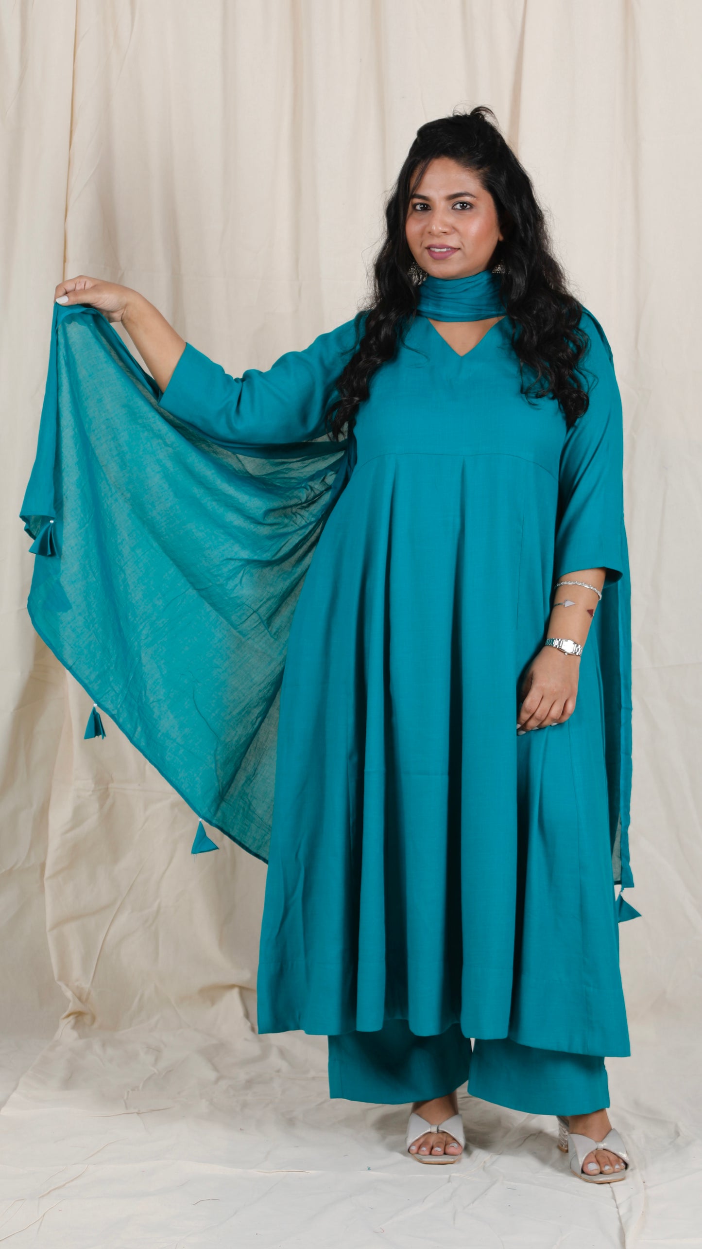 Meher -3 pc - Peacock Green - Cotton Anarkali set + mul dupatta