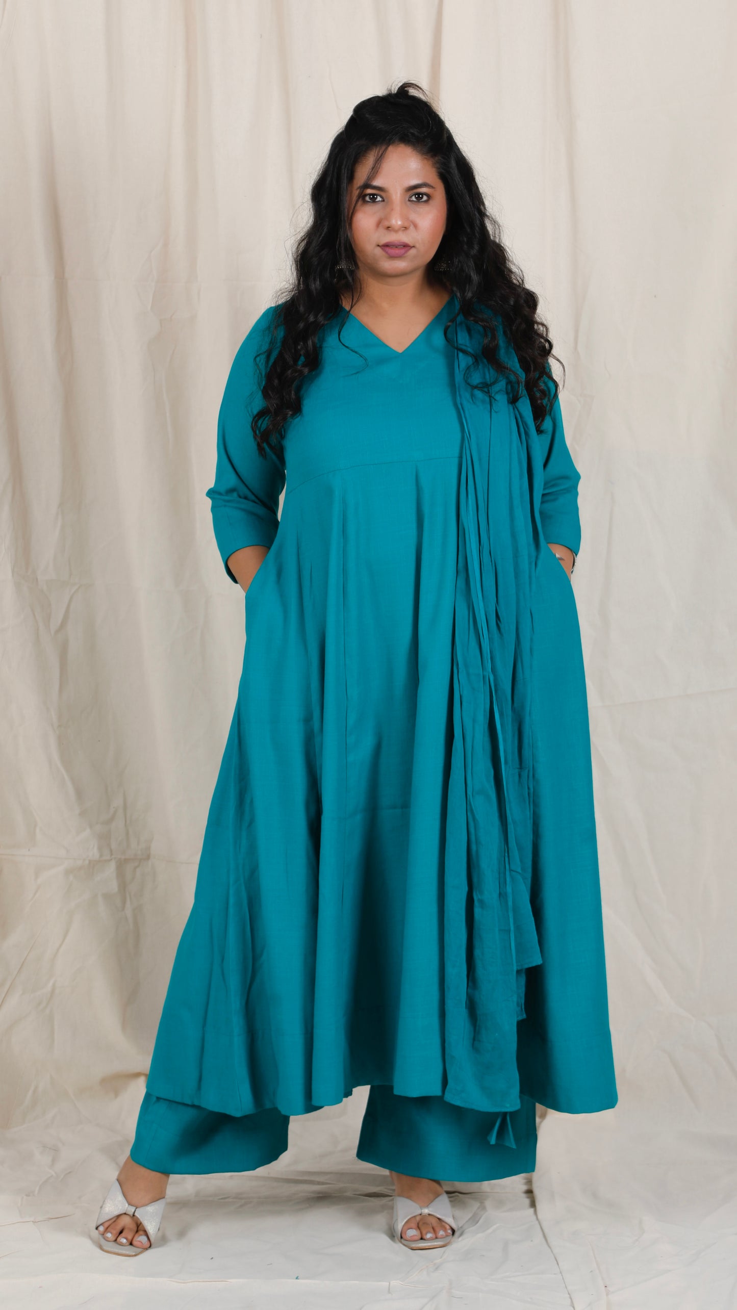 Meher -3 pc - Peacock Green - Cotton Anarkali set + mul dupatta