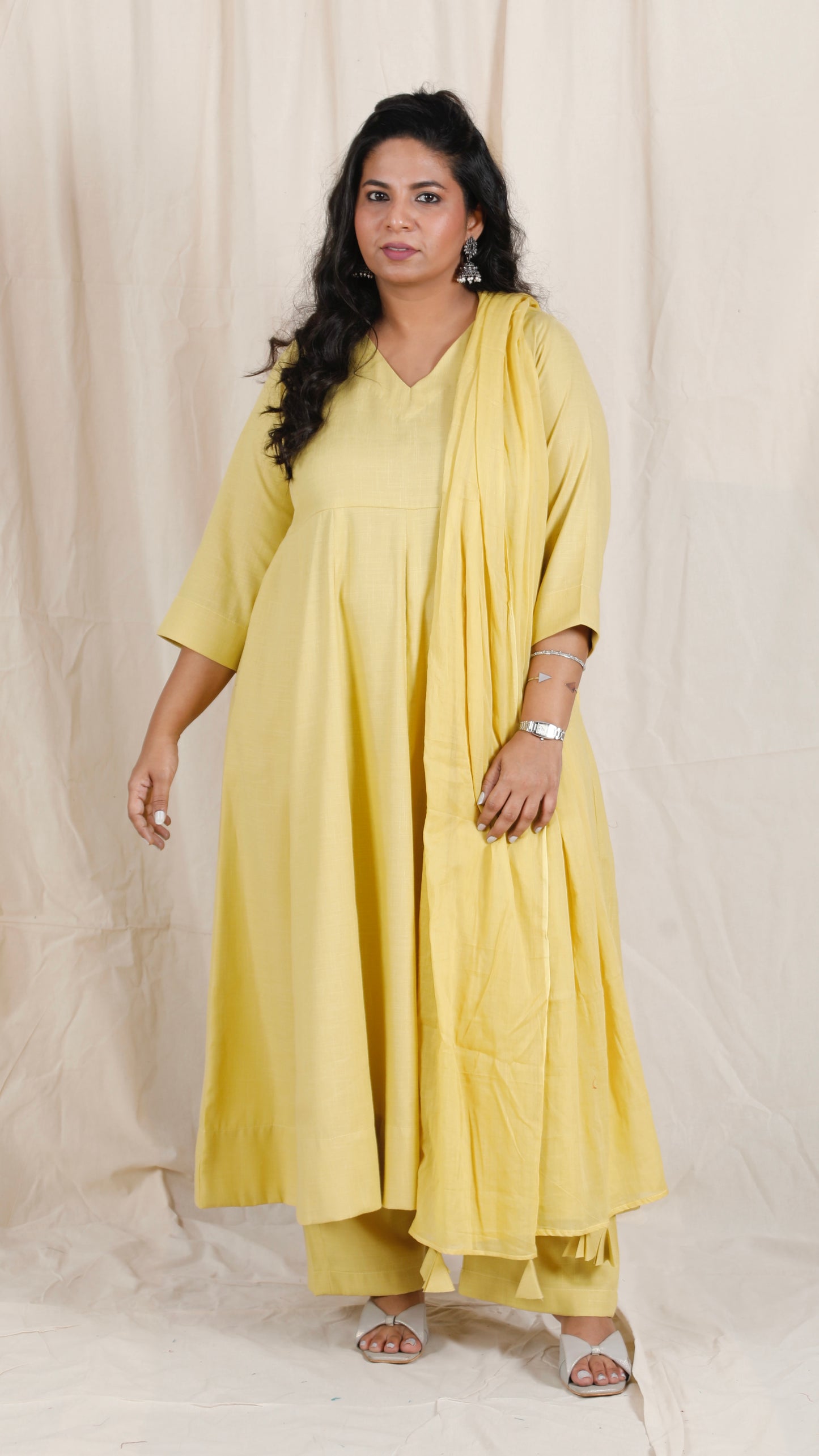 Meher -3 pc - Yellow - Cotton Anarkali set + mul dupatta
