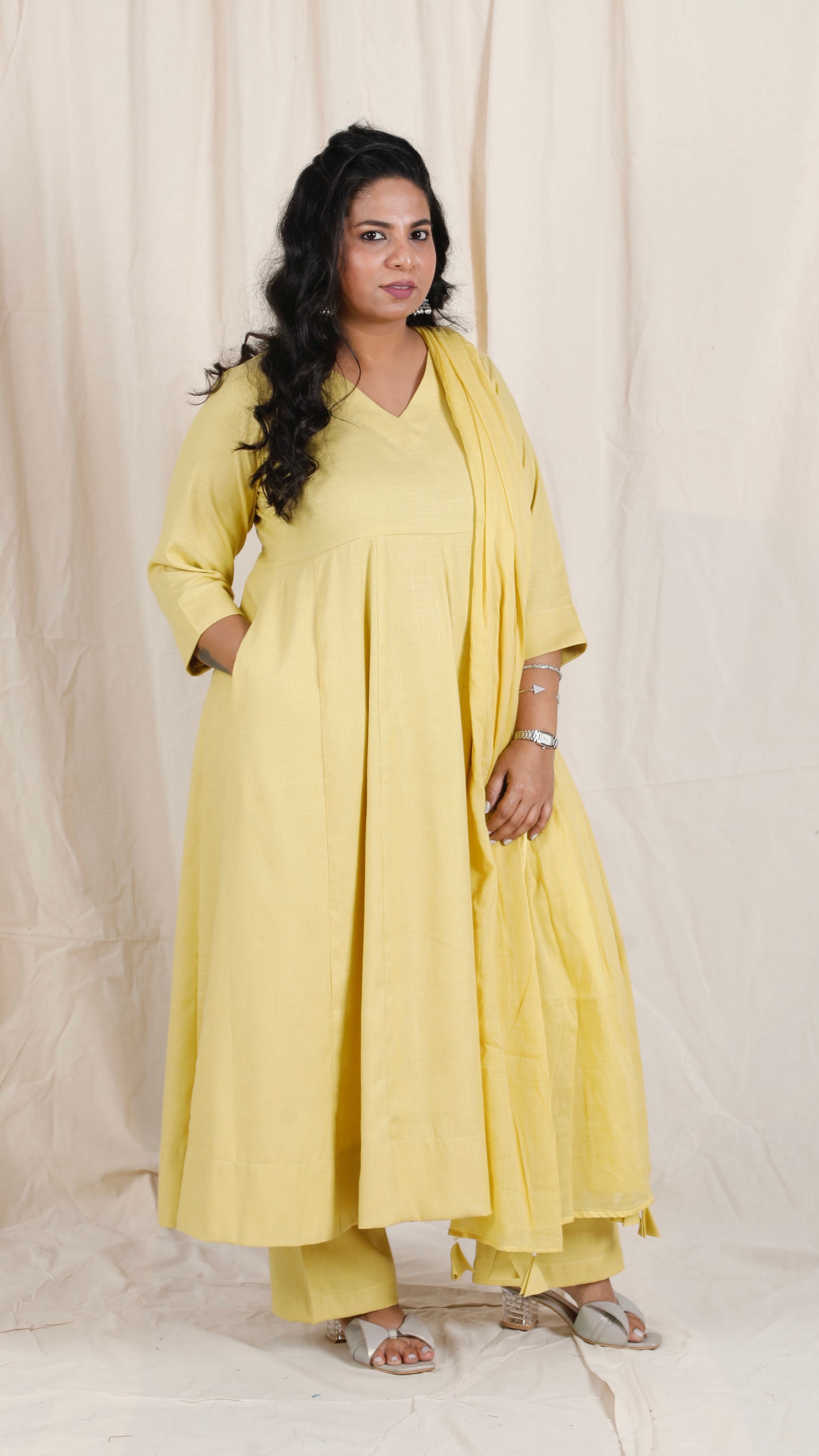 Meher -3 pc - Yellow - Cotton Anarkali set + mul dupatta