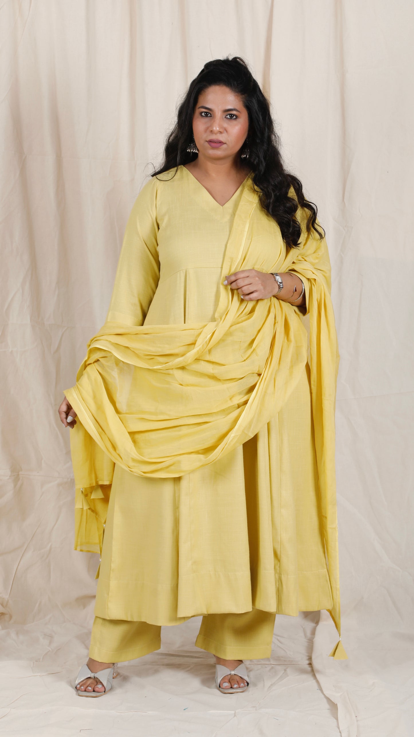 Meher -3 pc - Yellow - Cotton Anarkali set + mul dupatta