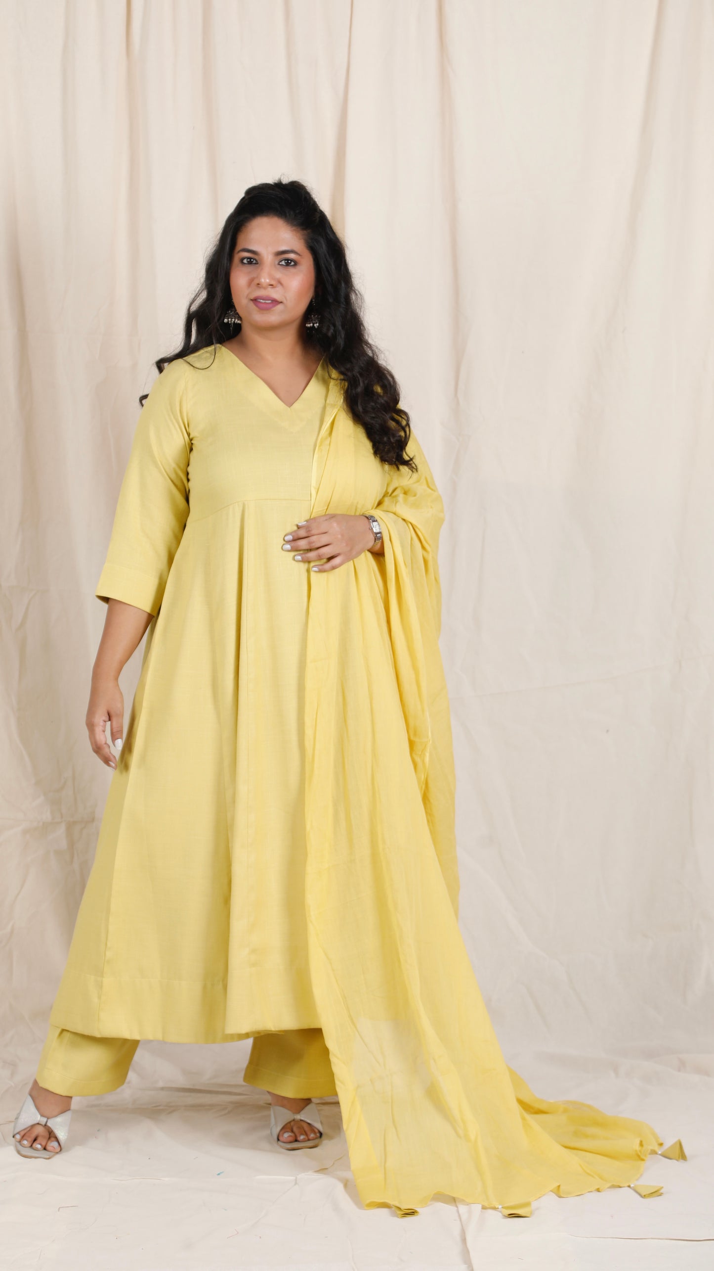 Meher -3 pc - Yellow - Cotton Anarkali set + mul dupatta