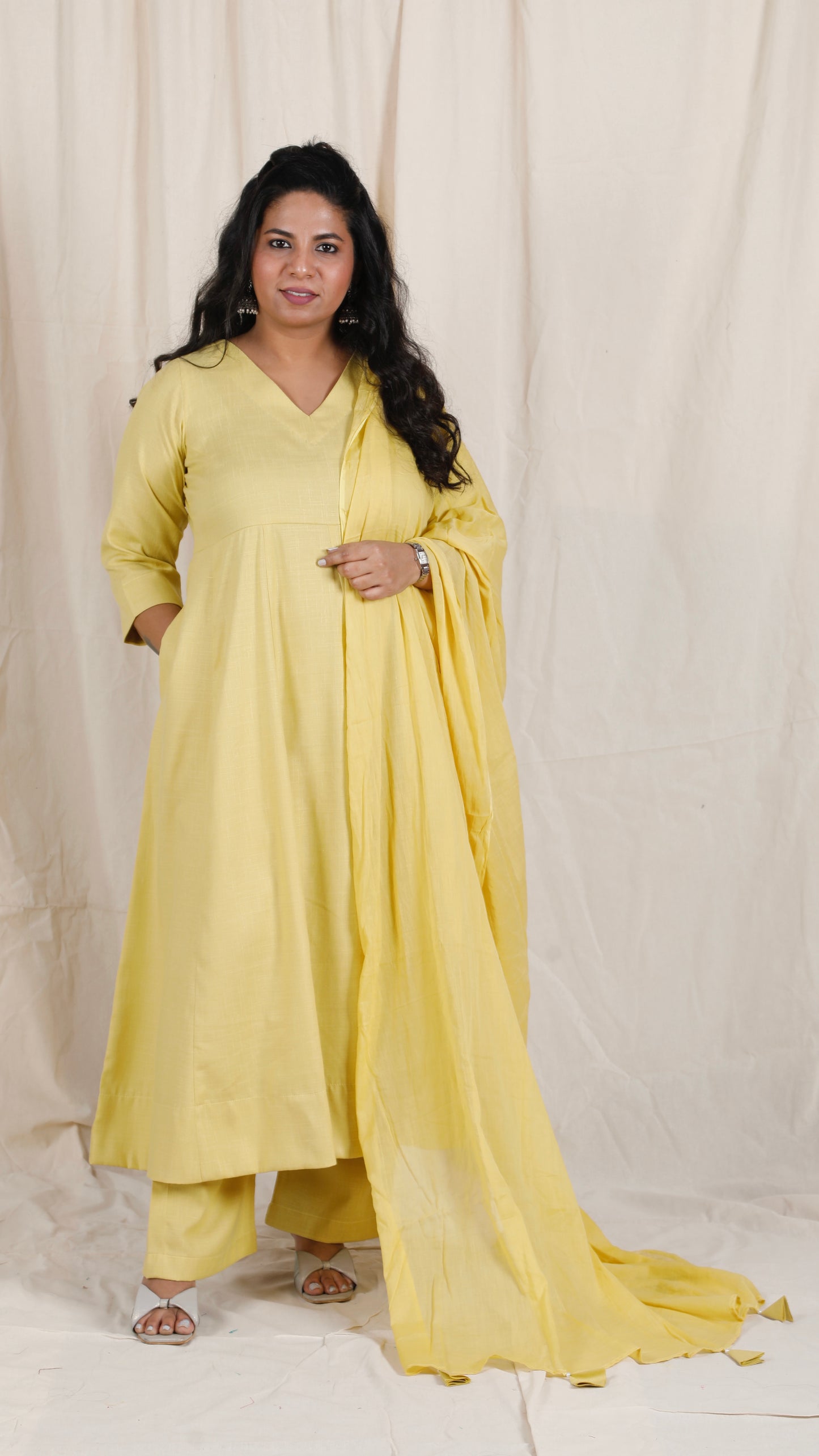 Meher -3 pc - Yellow - Cotton Anarkali set + mul dupatta