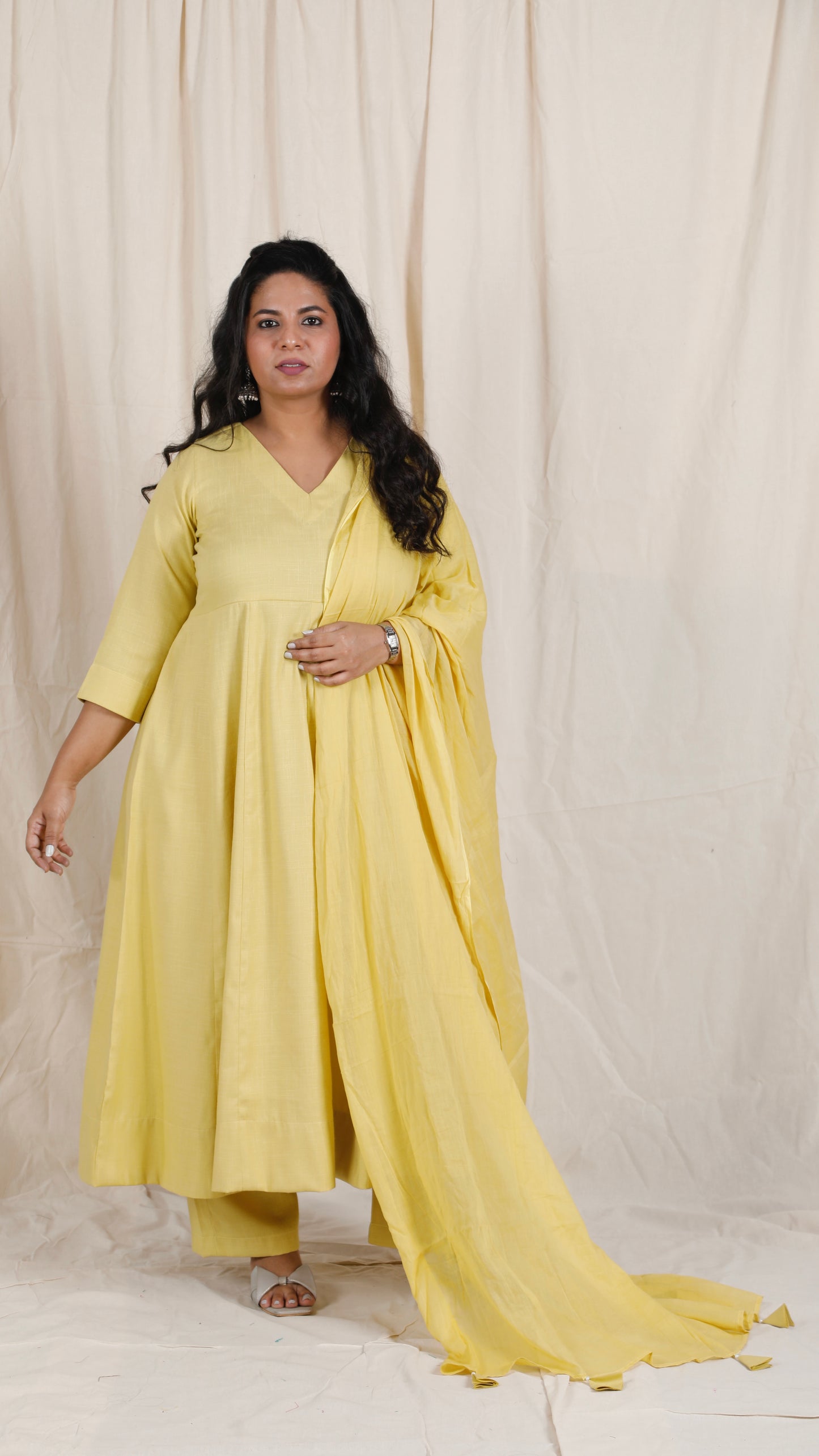Meher -3 pc - Yellow - Cotton Anarkali set + mul dupatta