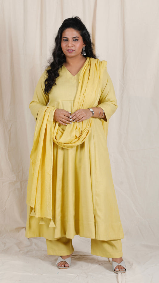 Meher -3 pc - Yellow - Cotton Anarkali set + mul dupatta