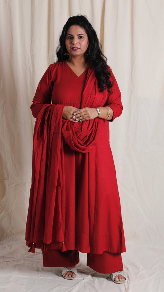 Meher -3 pc - Maroon - Cotton Anarkali set + mul dupatta