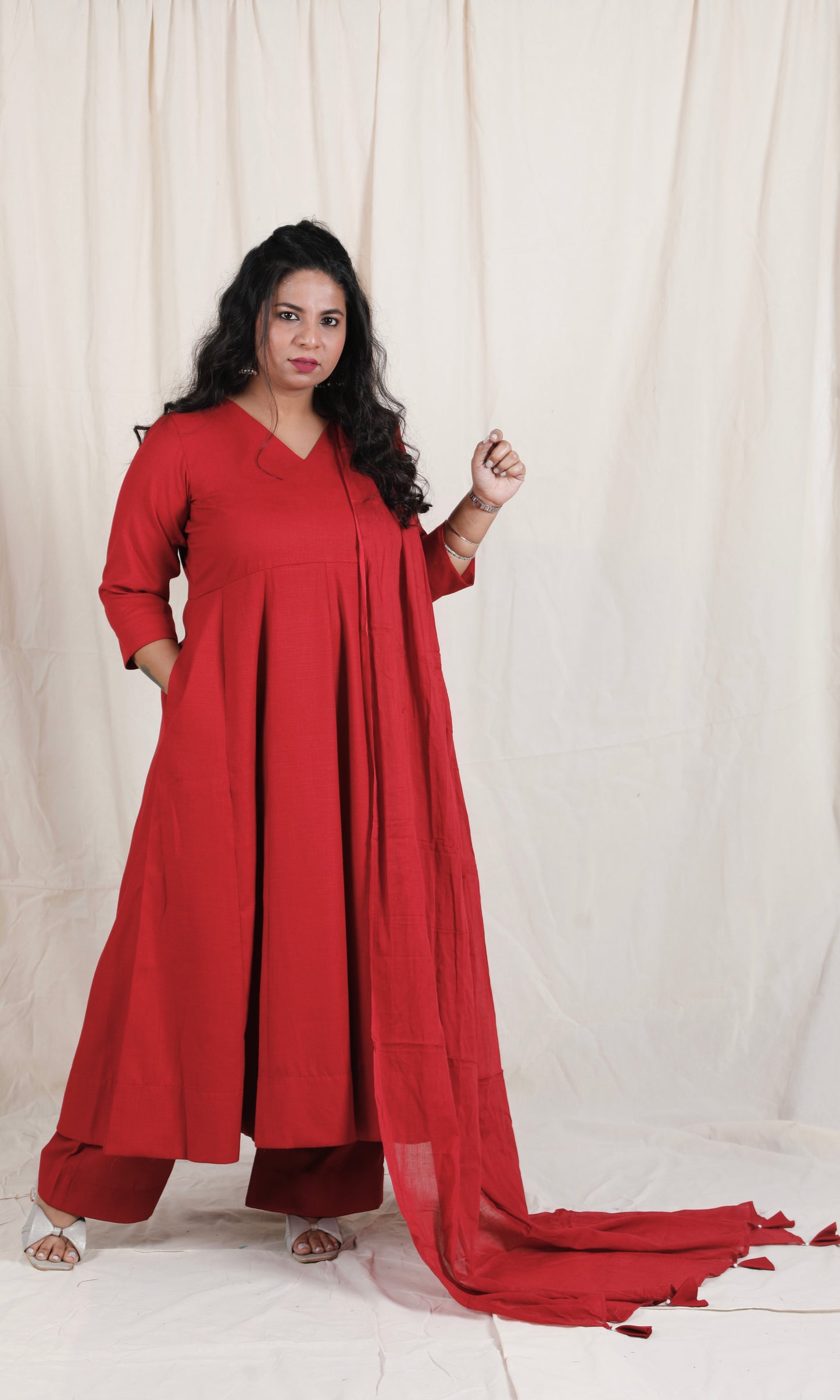 Meher -3 pc - Maroon - Cotton Anarkali set + mul dupatta