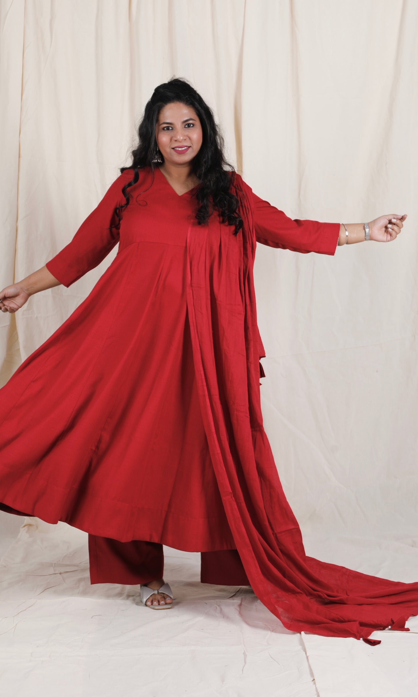 Meher -3 pc - Maroon - Cotton Anarkali set + mul dupatta