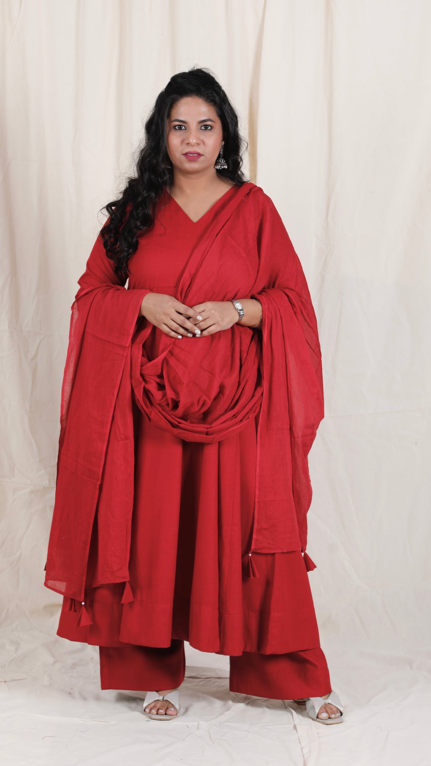 Meher -3 pc - Maroon - Cotton Anarkali set + mul dupatta