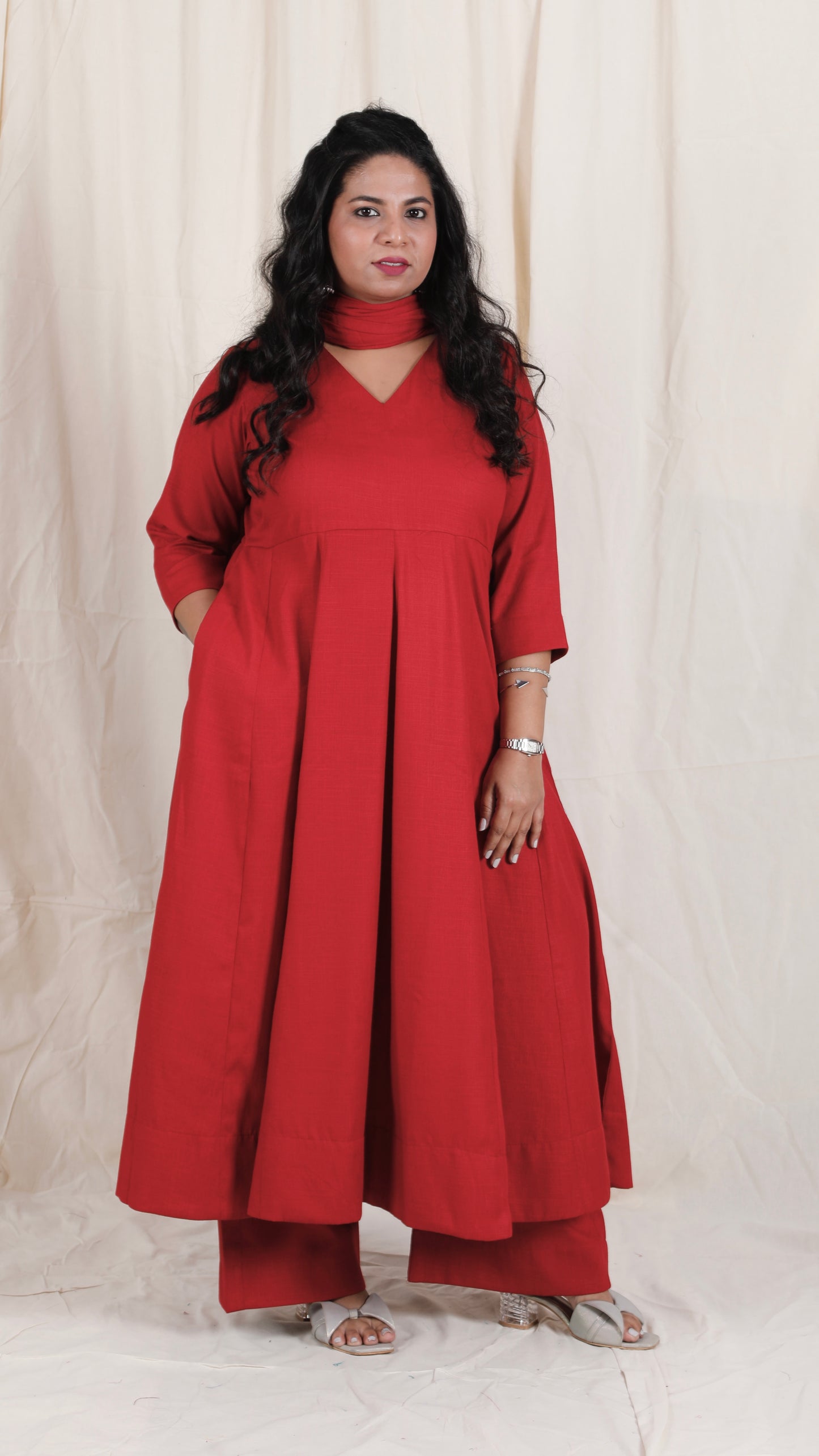 Meher -3 pc - Maroon - Cotton Anarkali set + mul dupatta
