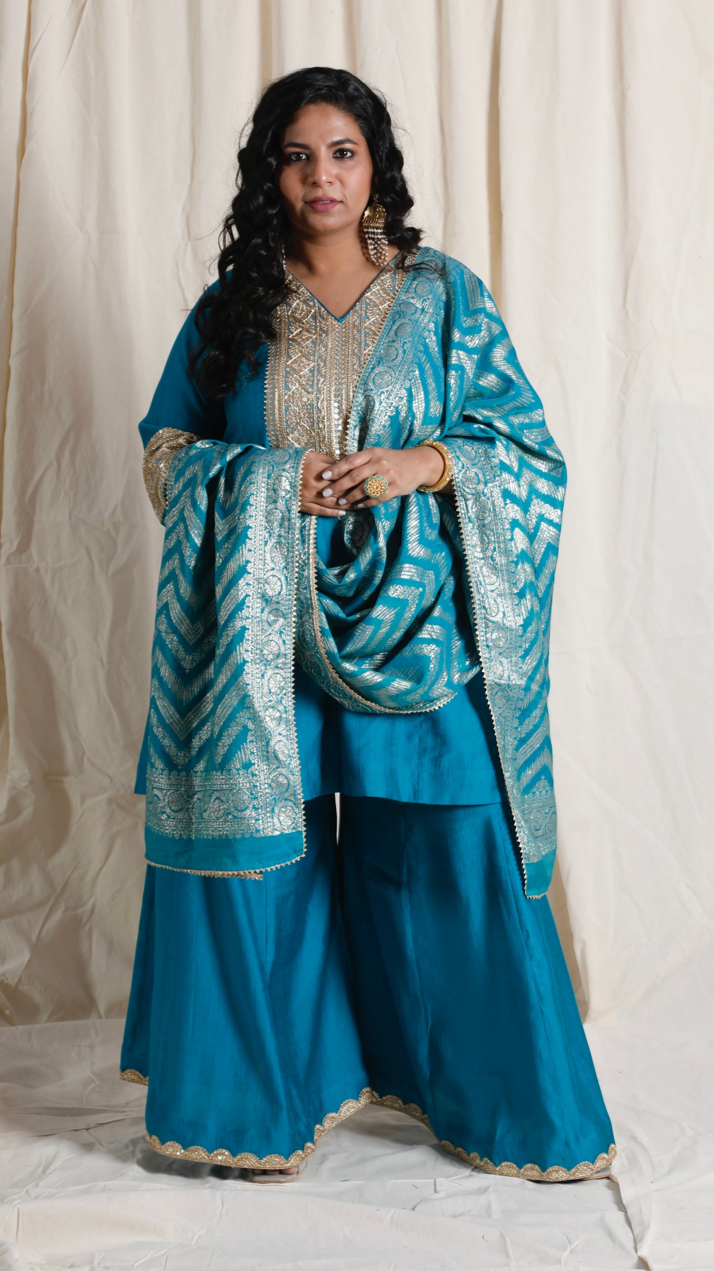 Shanaya - 3 pc set - BLUE - Crape silk + Zari Dupatta
