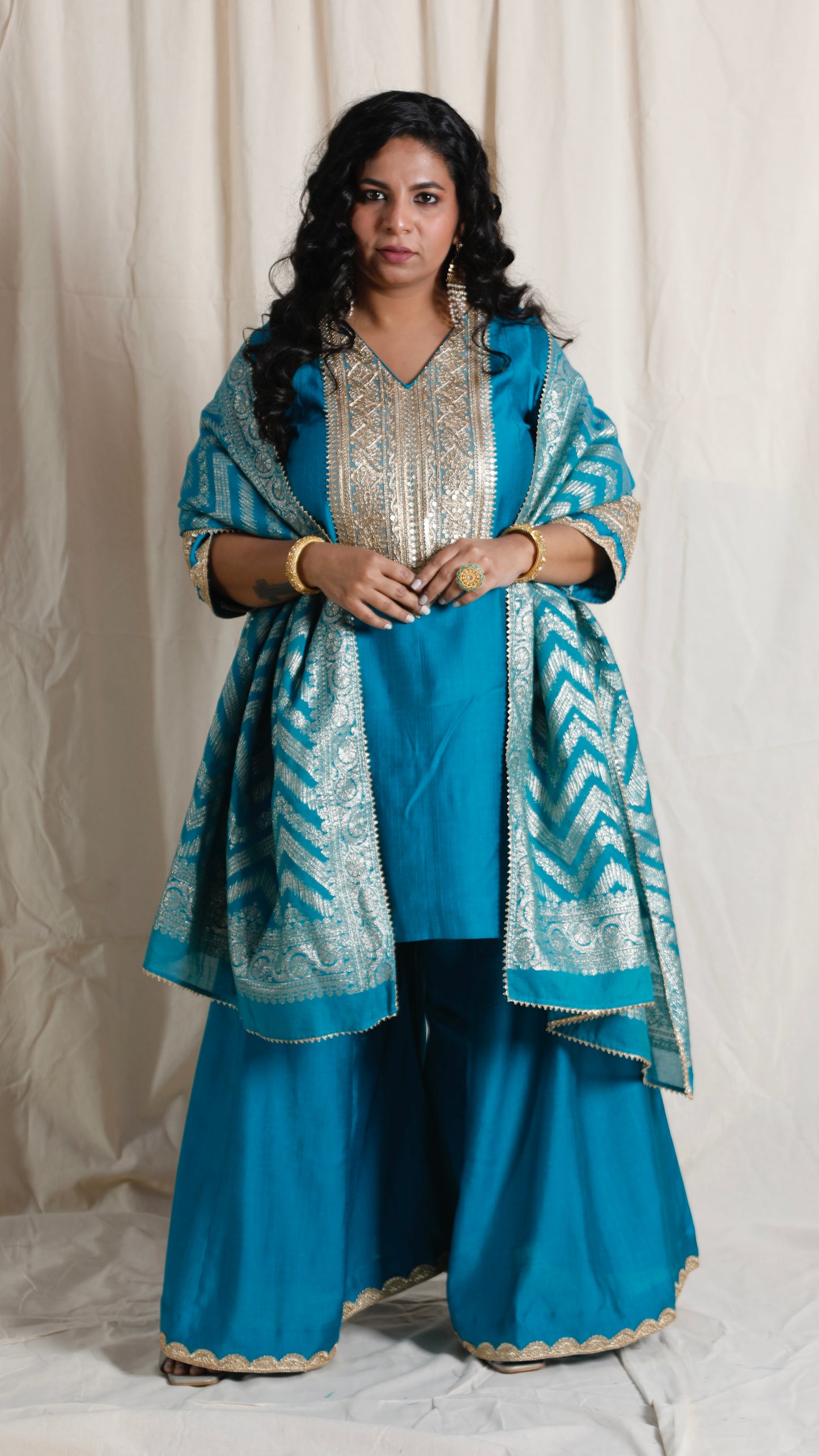 Shanaya - 3 pc set - BLUE - Crape silk + Zari Dupatta
