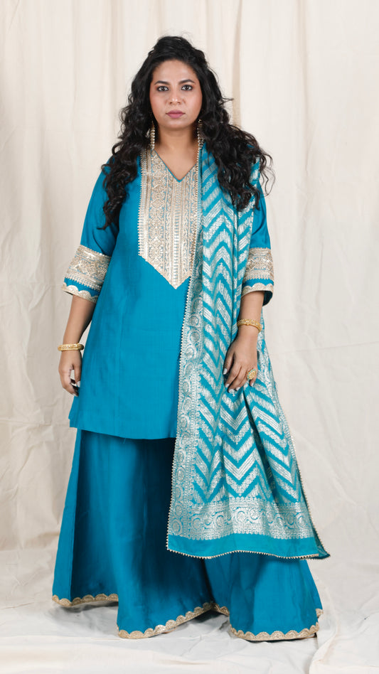 Shanaya - 3 pc set - BLUE - Crape silk + Zari Dupatta