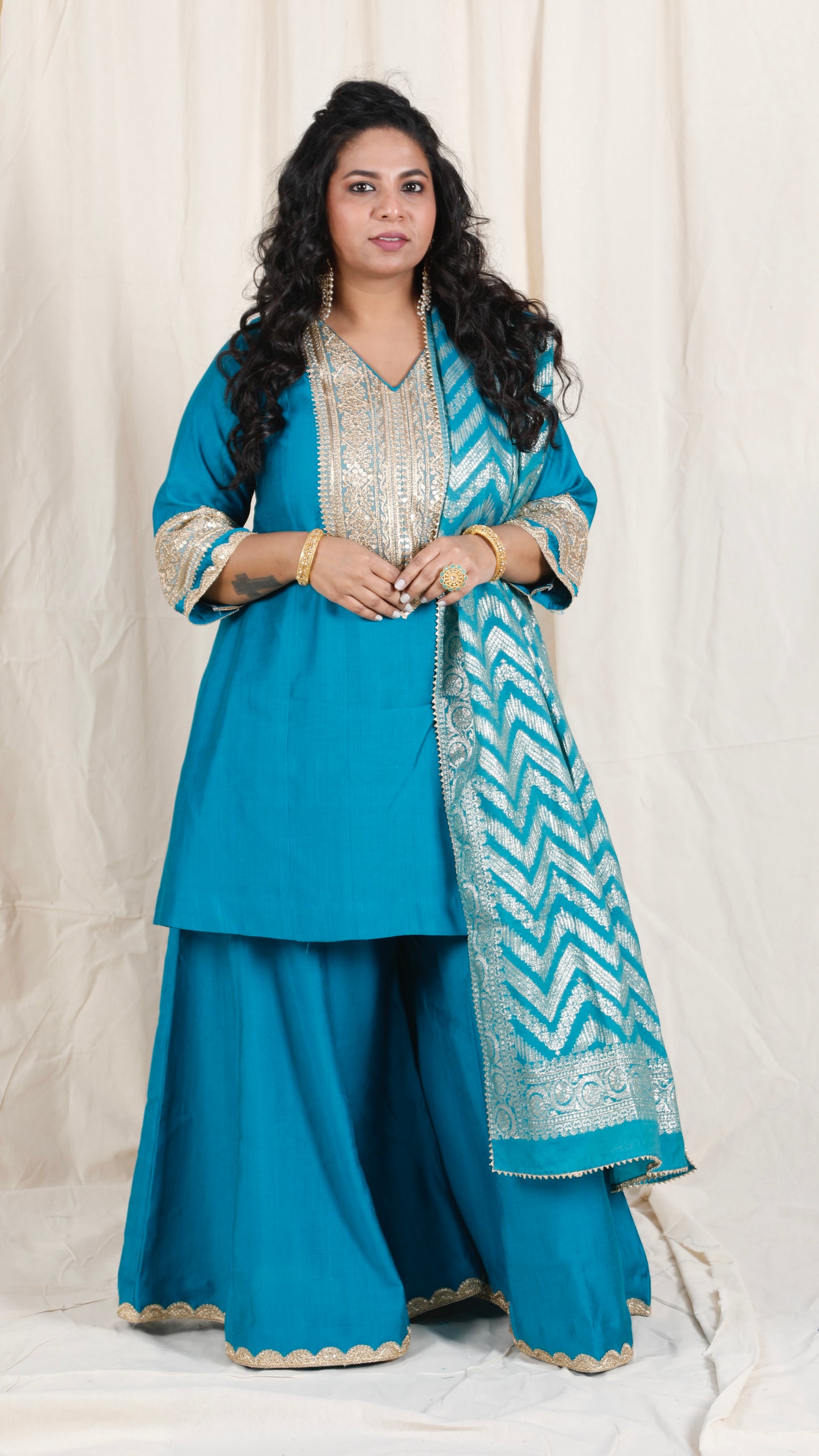Shanaya - 3 pc set - BLUE - Crape silk + Zari Dupatta