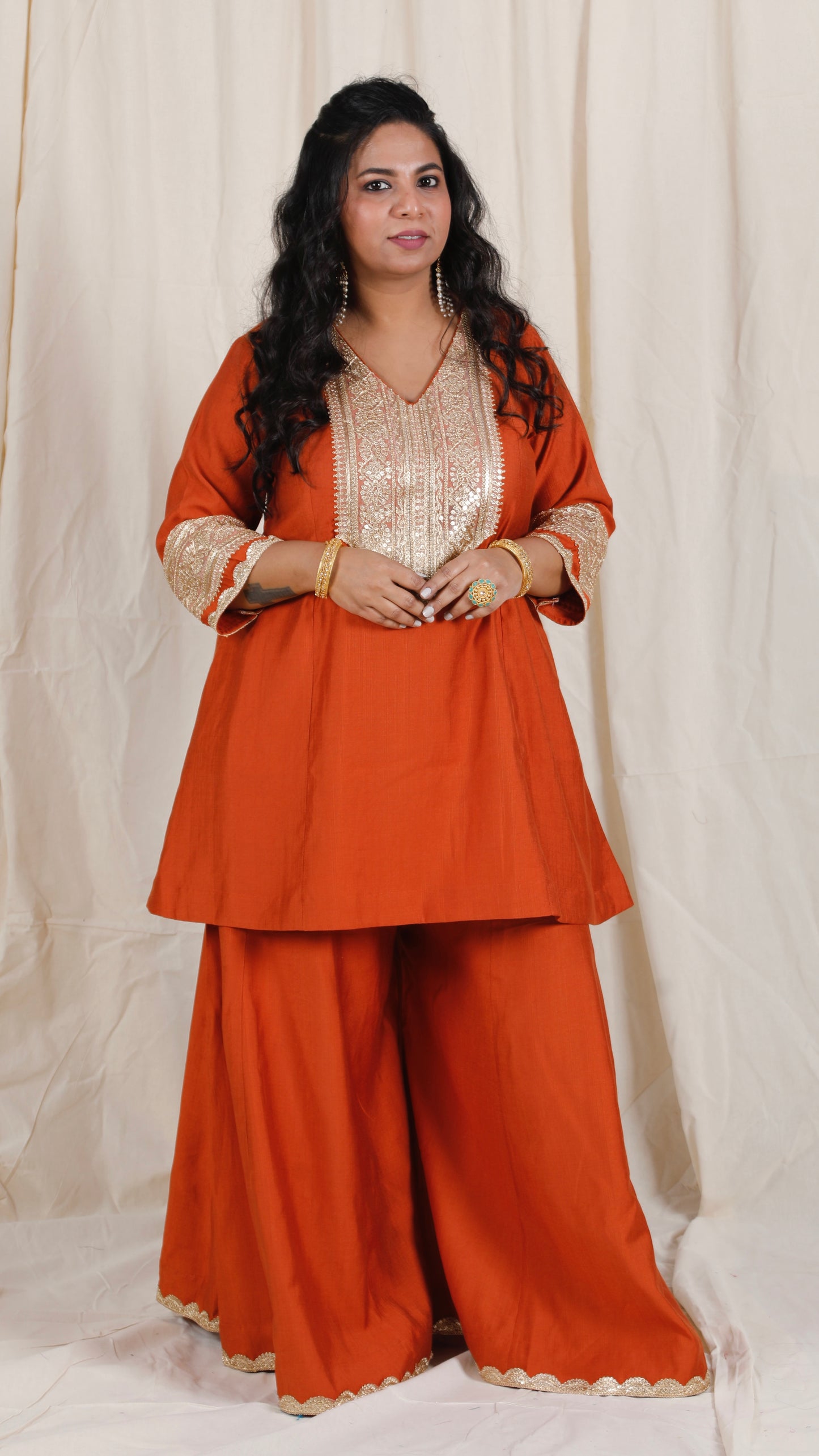 Shanaya - 3 pc set - RUST - Crape silk + Zari Dupatta