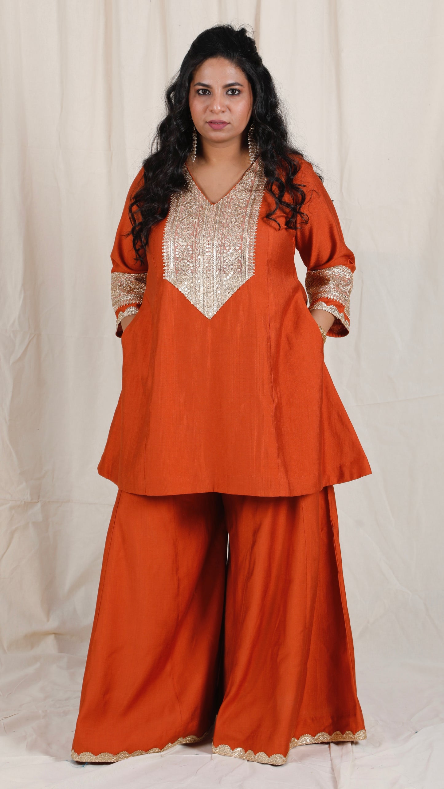 Shanaya - 3 pc set - RUST - Crape silk + Zari Dupatta
