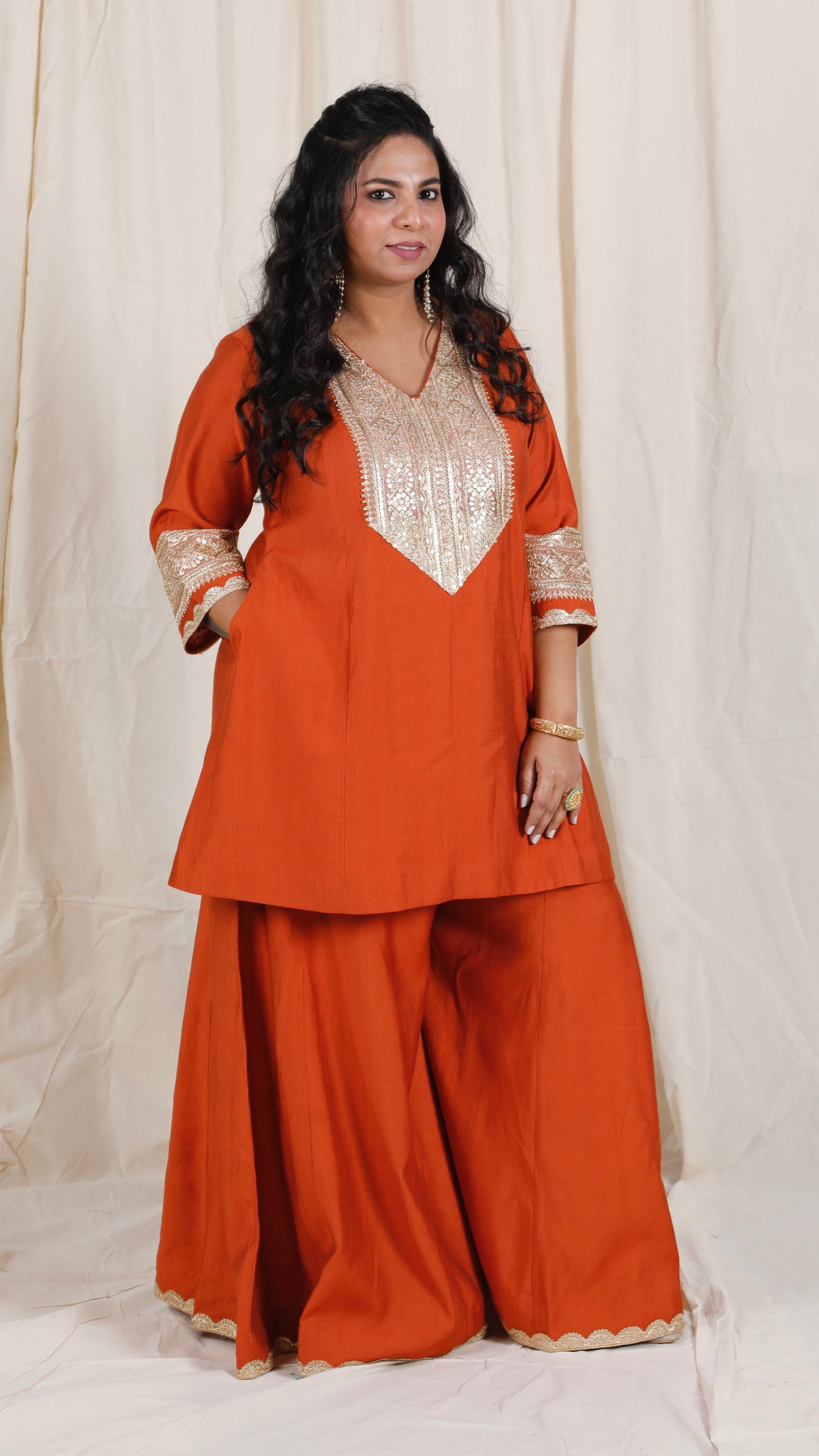 Shanaya - 3 pc set - RUST - Crape silk + Zari Dupatta
