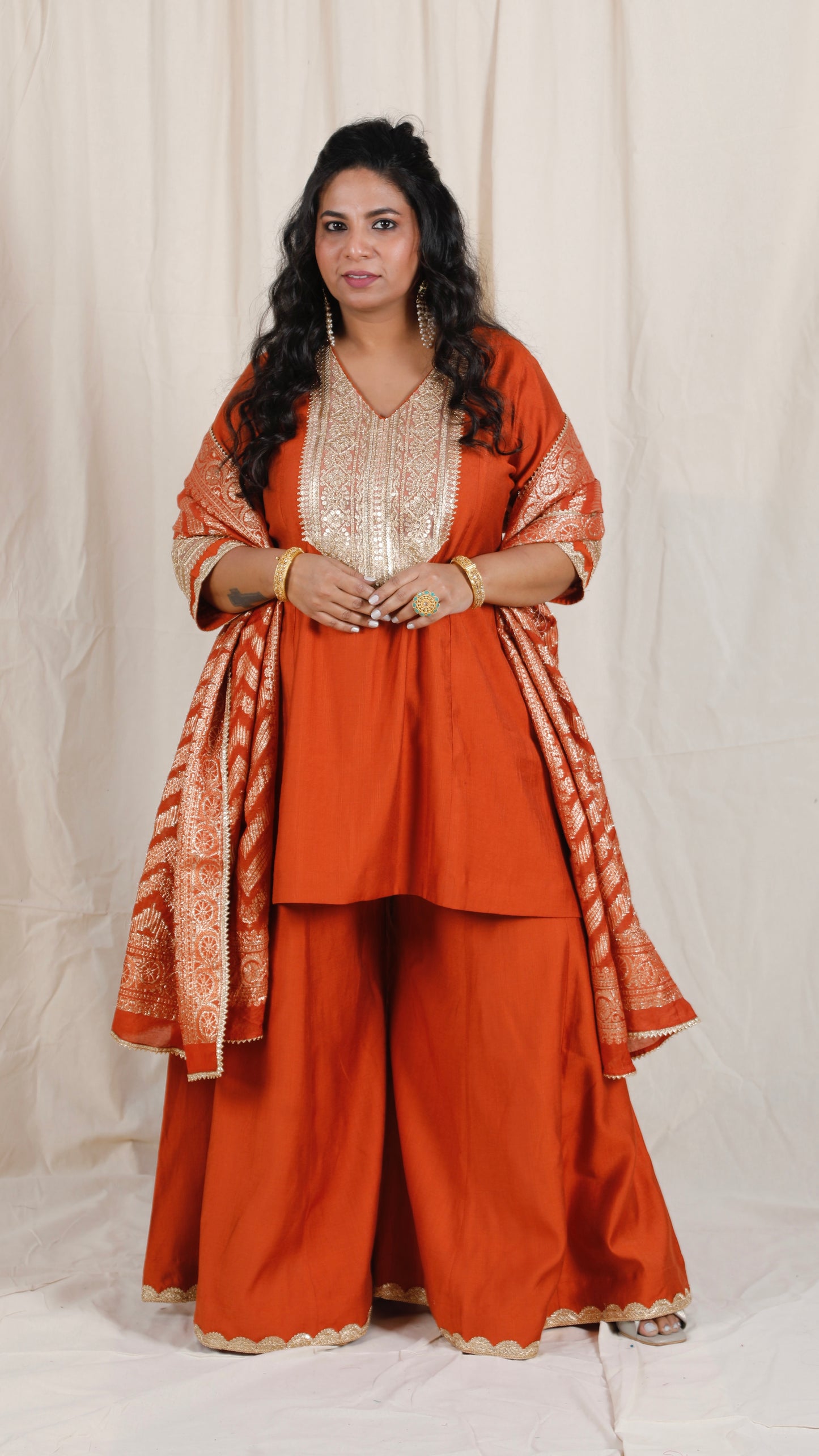 Shanaya - 3 pc set - RUST - Crape silk + Zari Dupatta