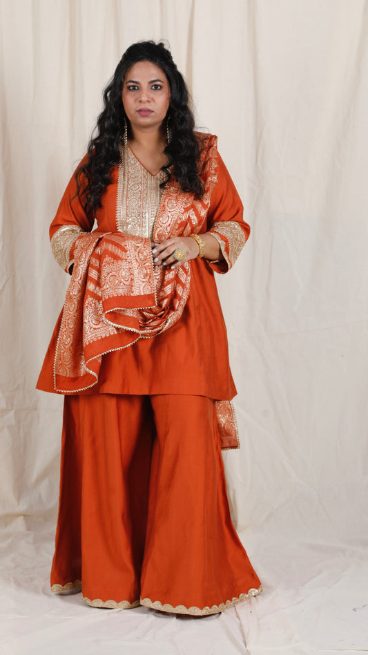 Shanaya - 3 pc set - RUST - Crape silk + Zari Dupatta