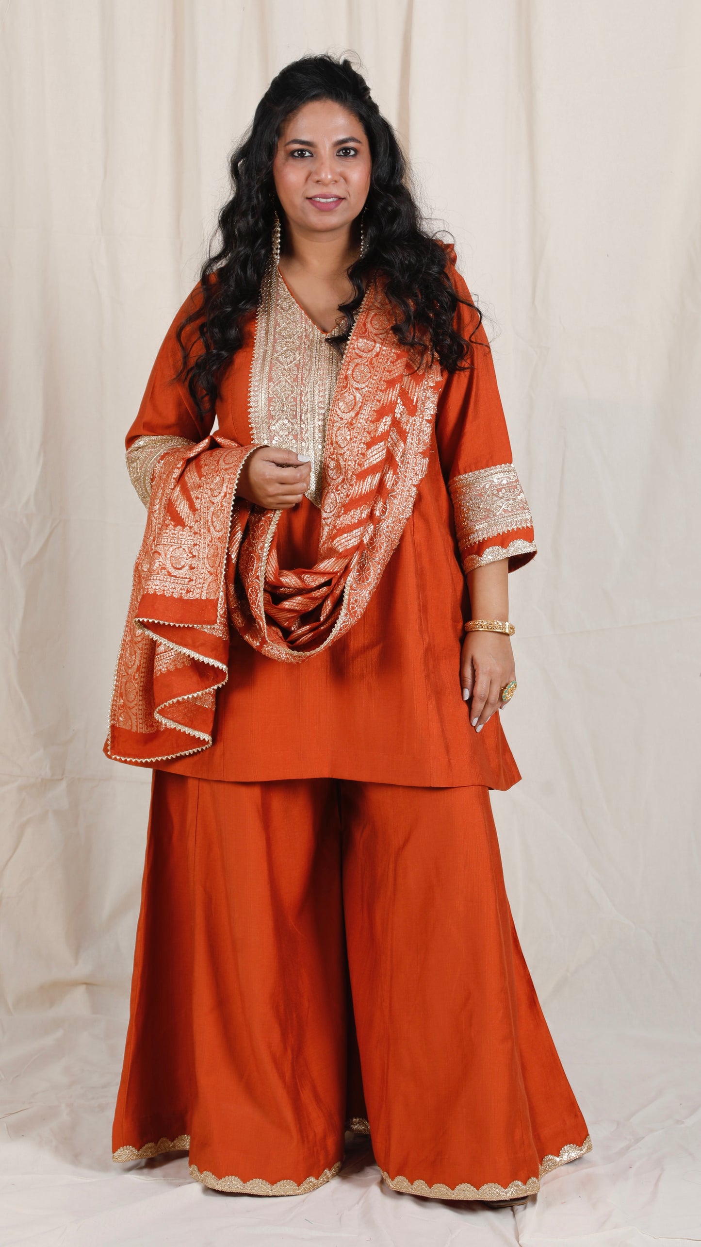 Shanaya - 3 pc set - RUST - Crape silk + Zari Dupatta