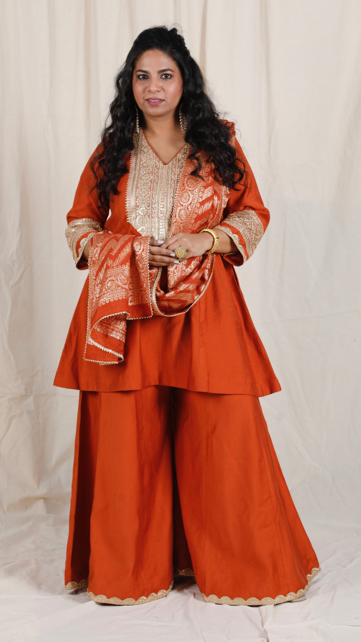 Shanaya - 3 pc set - RUST - Crape silk + Zari Dupatta
