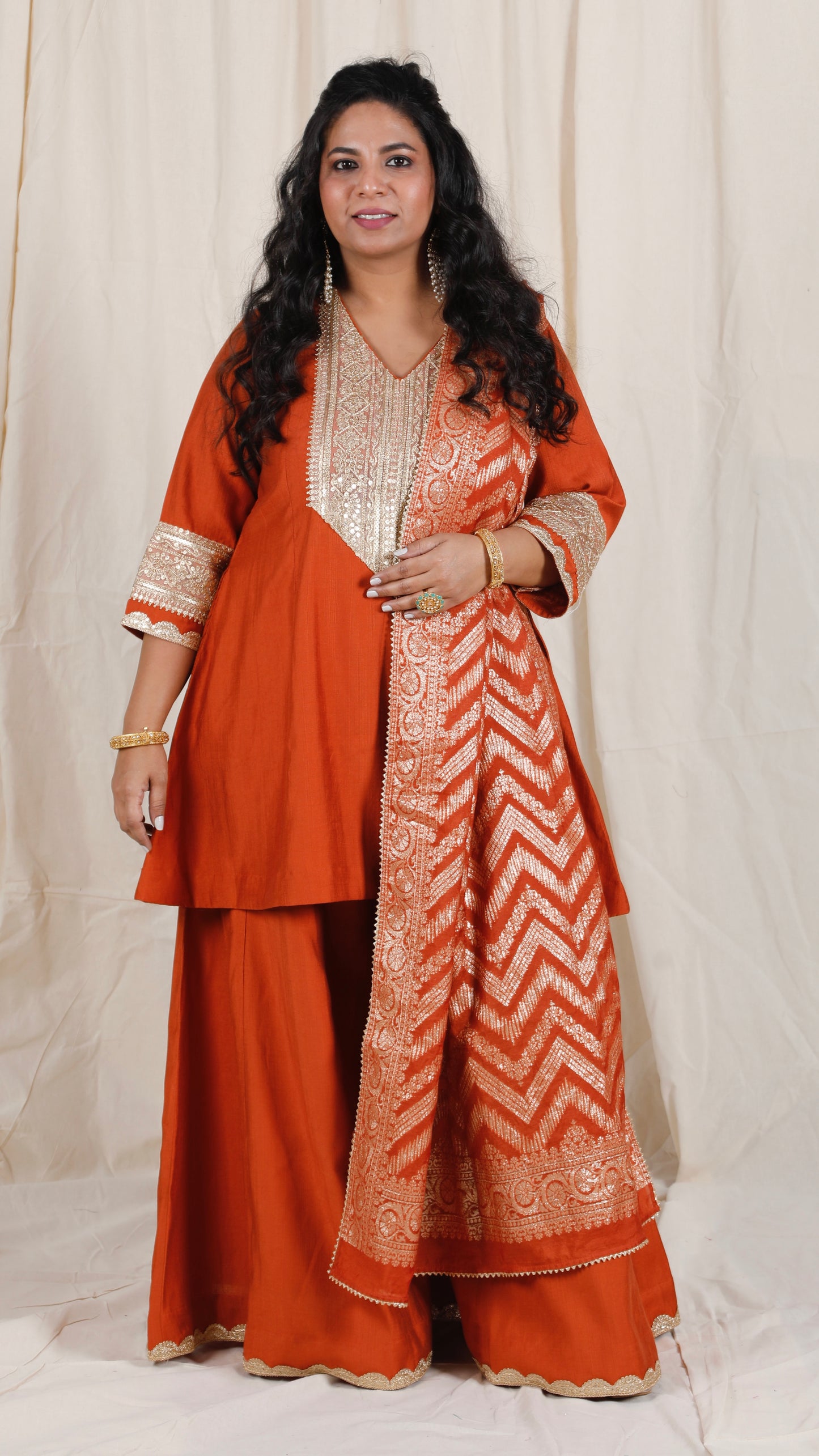 Shanaya - 3 pc set - RUST - Crape silk + Zari Dupatta