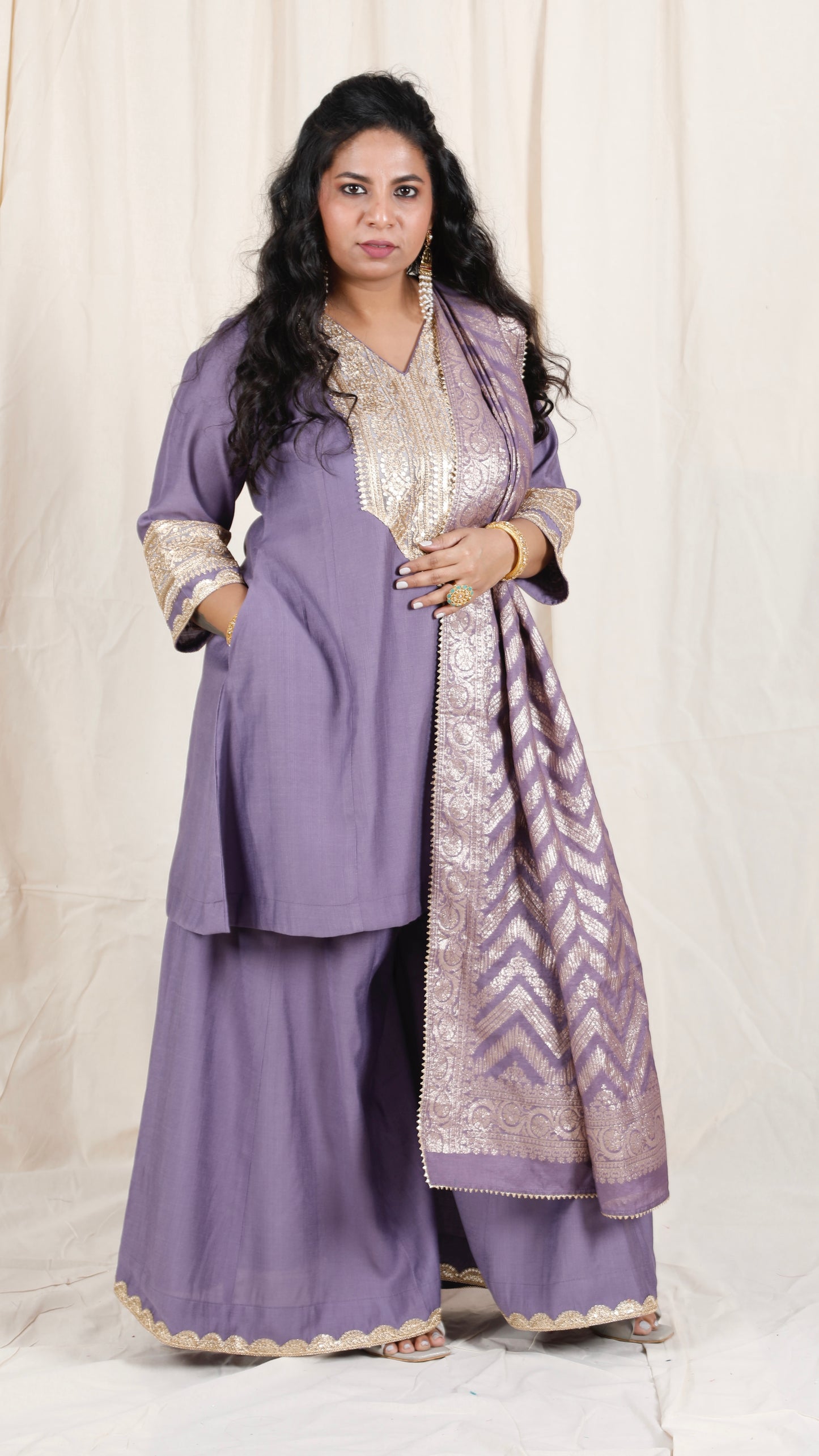 Shanaya - 3 pc set - PURPLE - Crape silk + Zari Dupatta