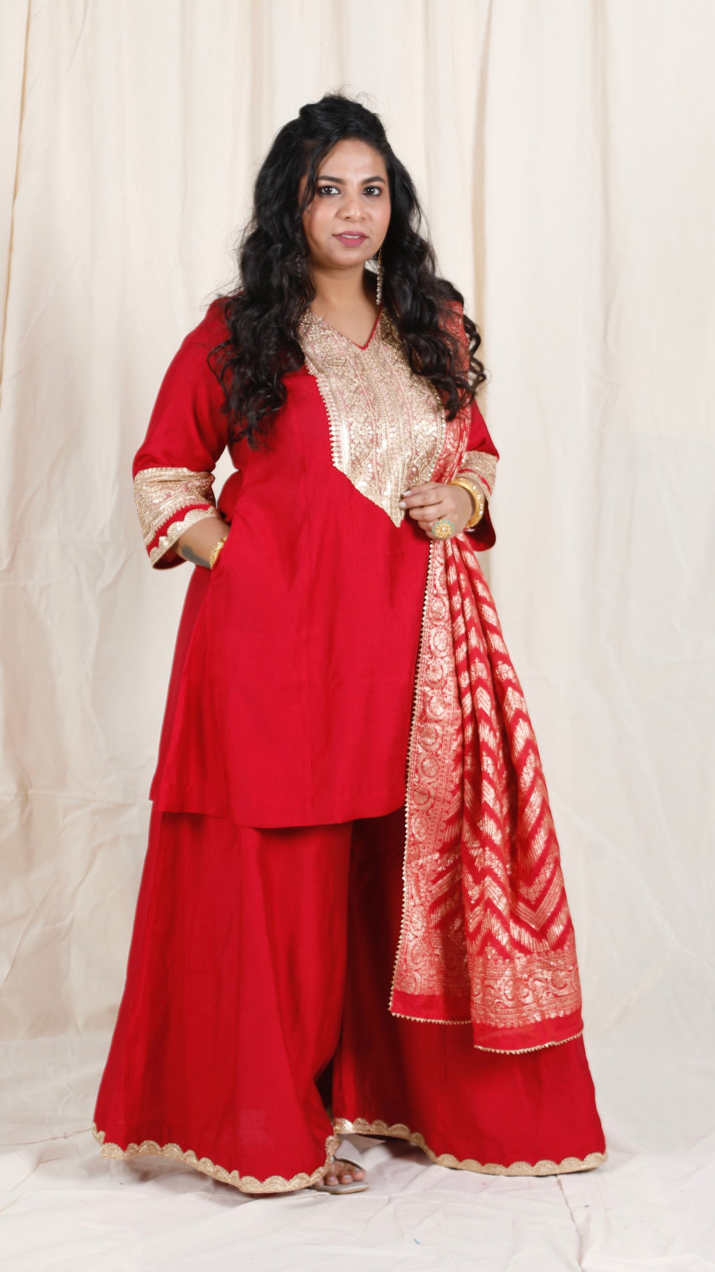 Shanaya - 3 pc set - RED - Crape silk + Zari Dupatta