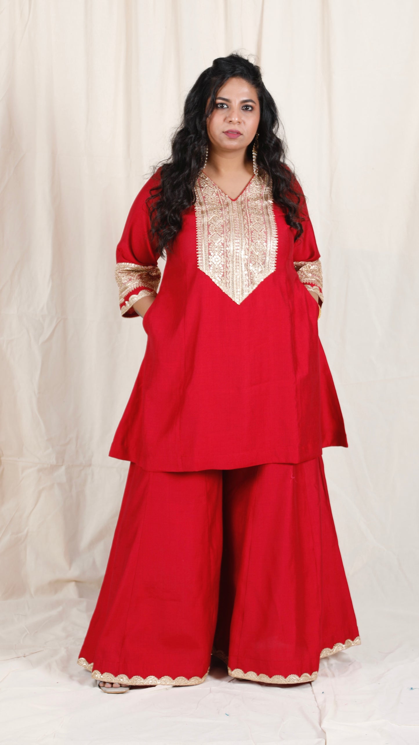 Shanaya - 3 pc set - RED - Crape silk + Zari Dupatta
