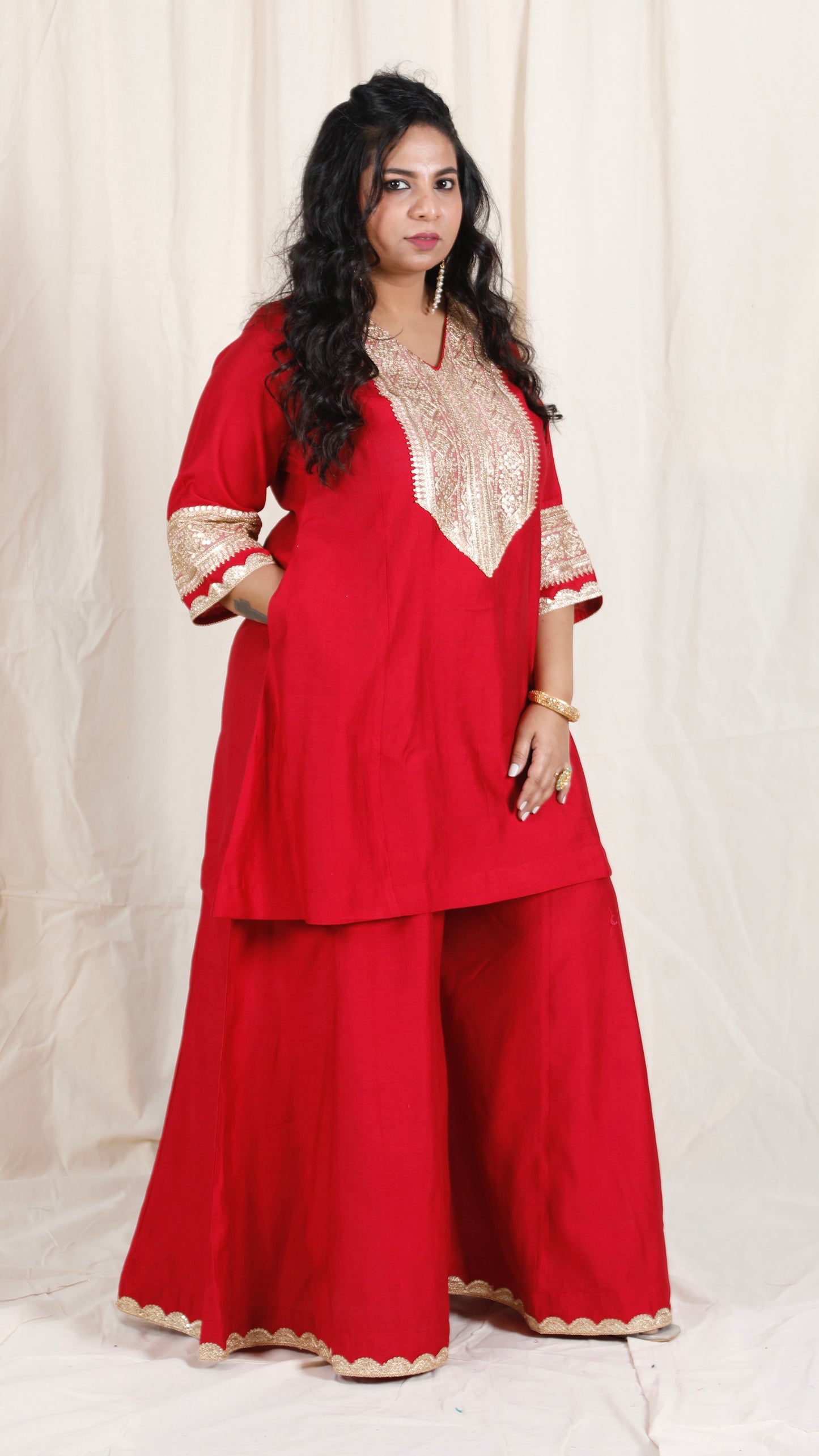 Shanaya - 3 pc set - RED - Crape silk + Zari Dupatta