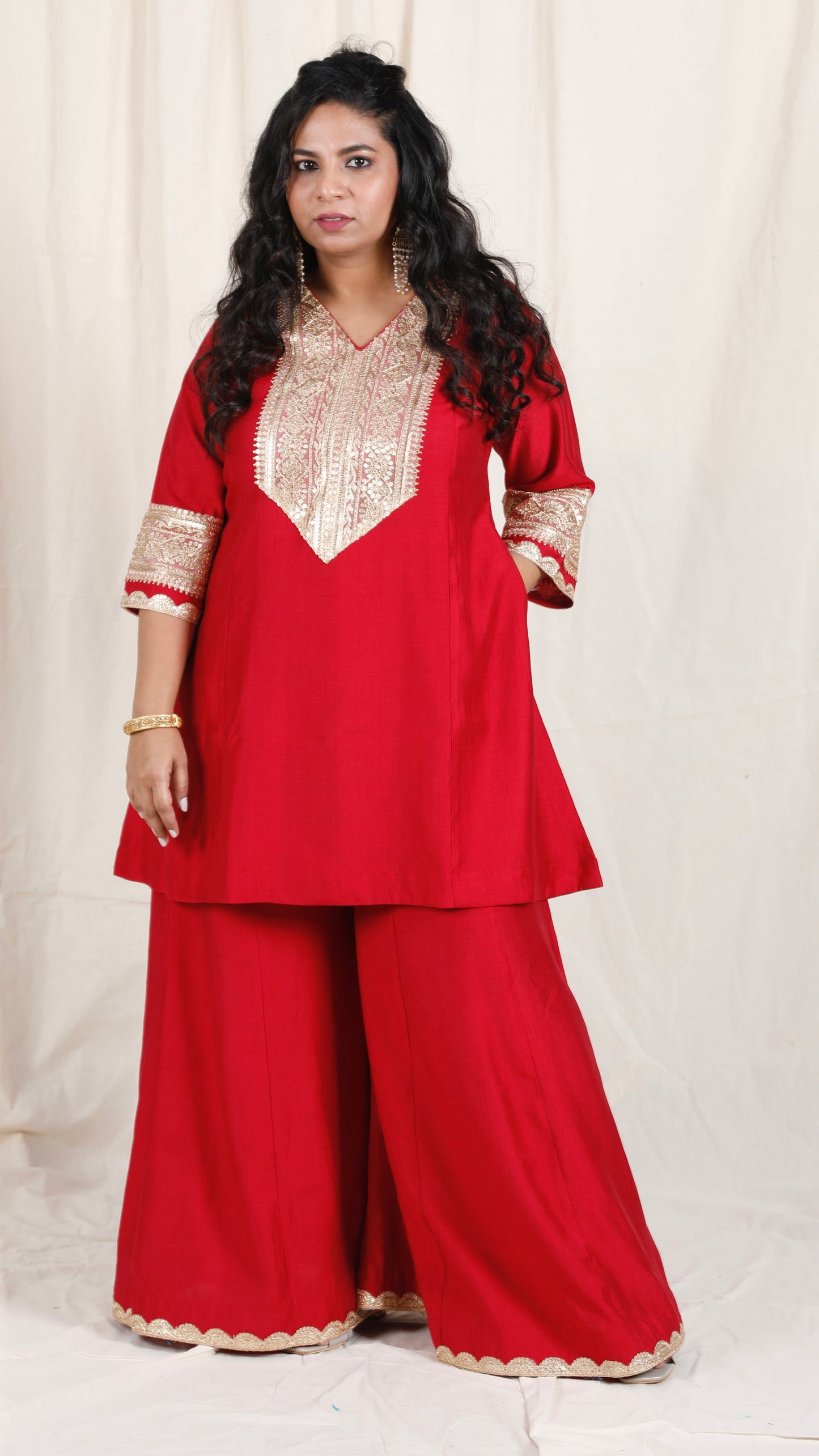 Shanaya - 3 pc set - RED - Crape silk + Zari Dupatta
