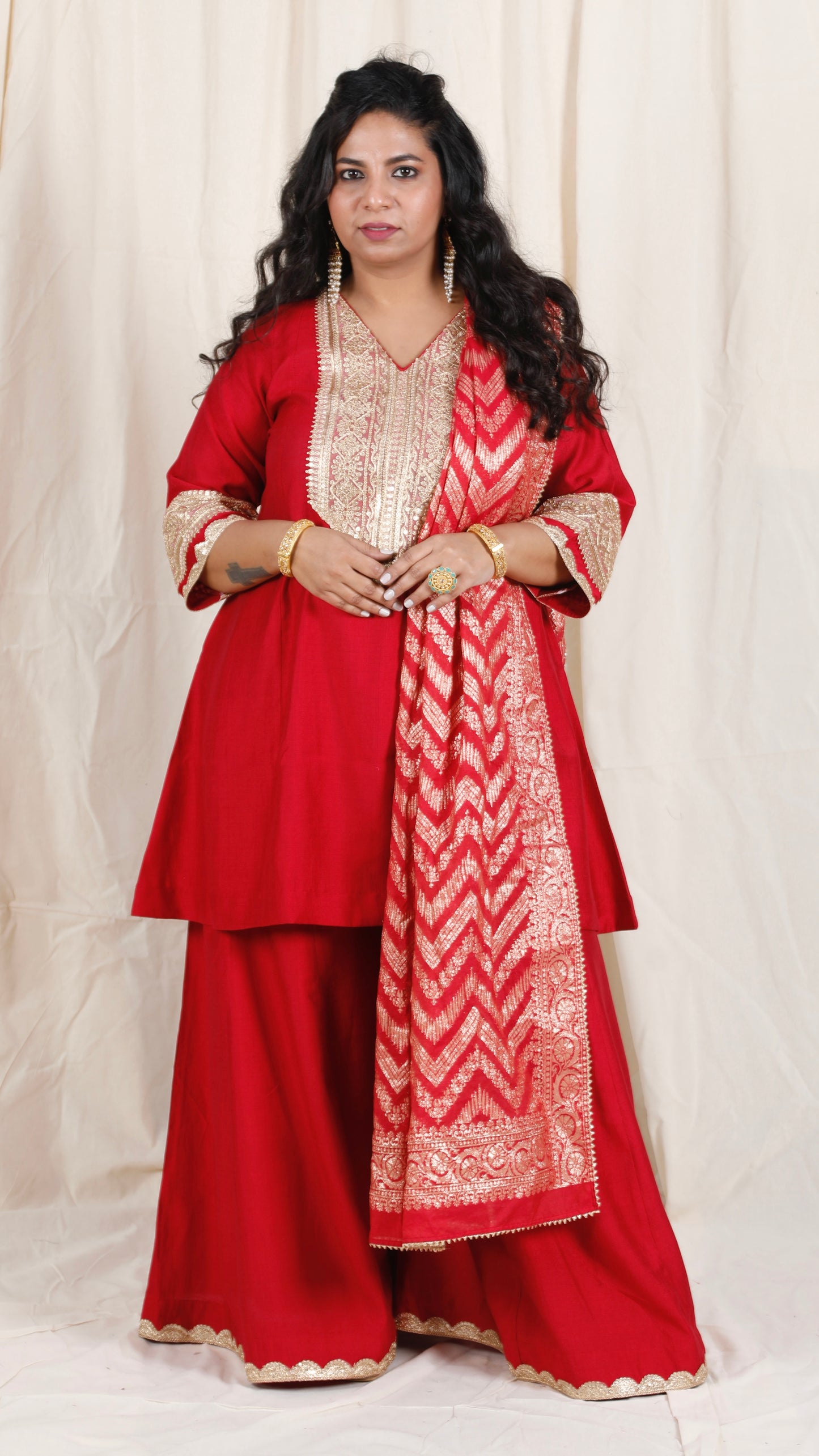 Shanaya - 3 pc set - RED - Crape silk + Zari Dupatta