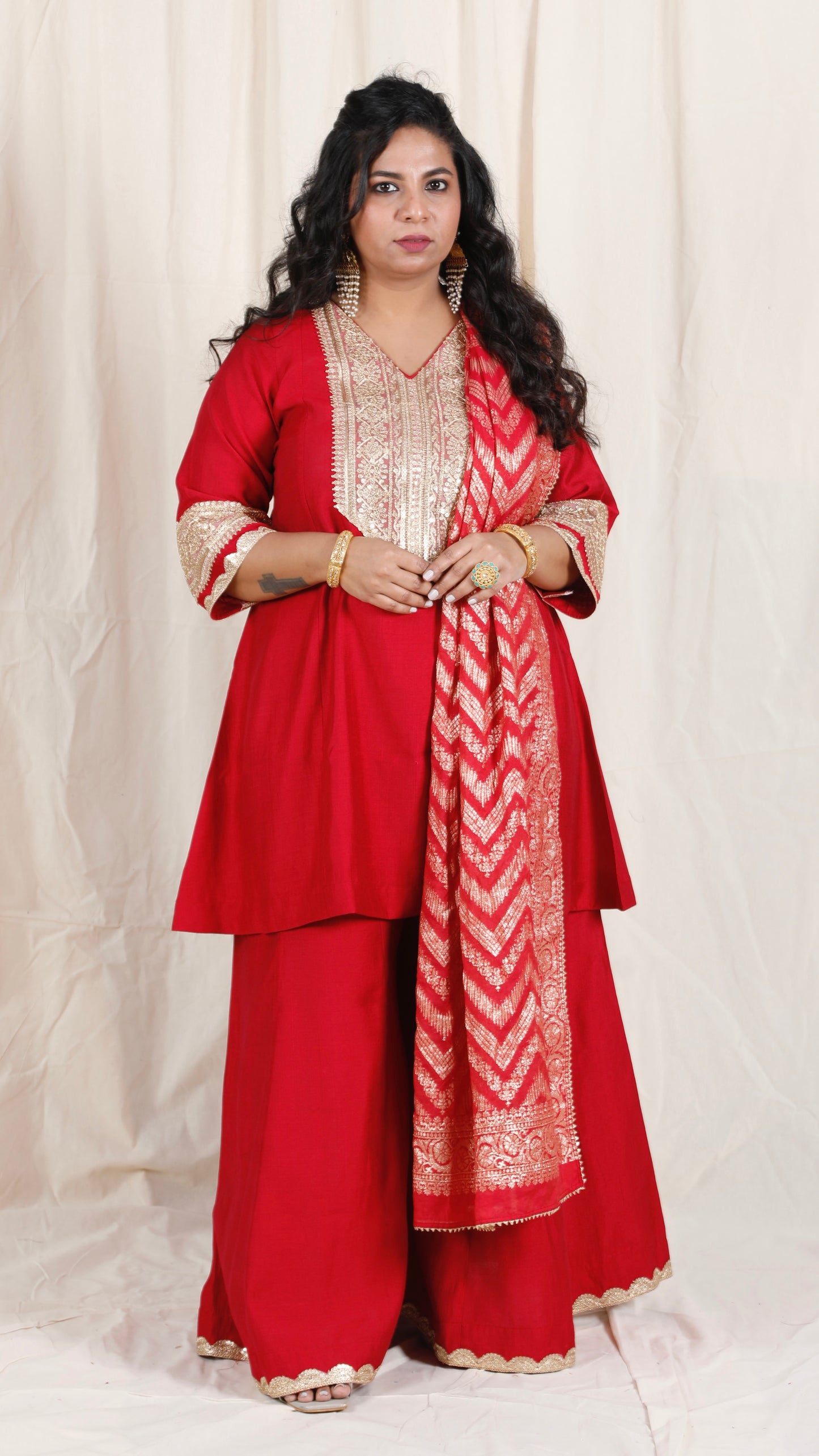 Shanaya - 3 pc set - RED - Crape silk + Zari Dupatta