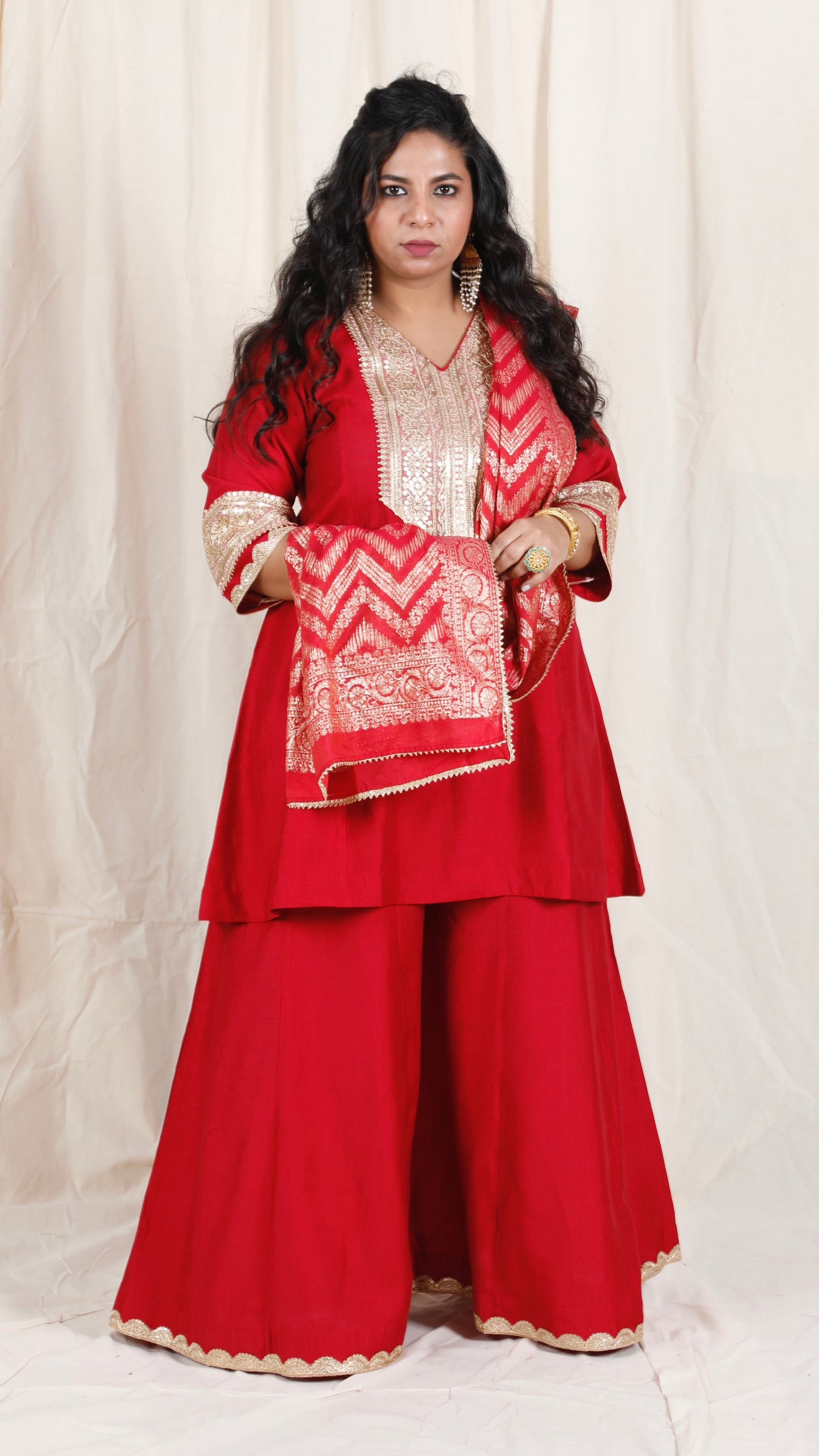 Shanaya - 3 pc set - RED - Crape silk + Zari Dupatta