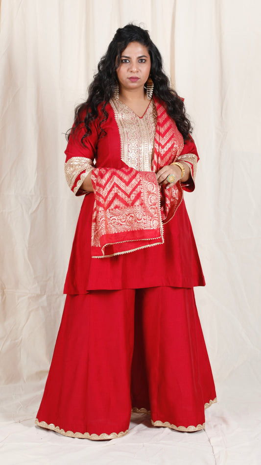 Shanaya - 3 pc set - RED - Crape silk + Zari Dupatta