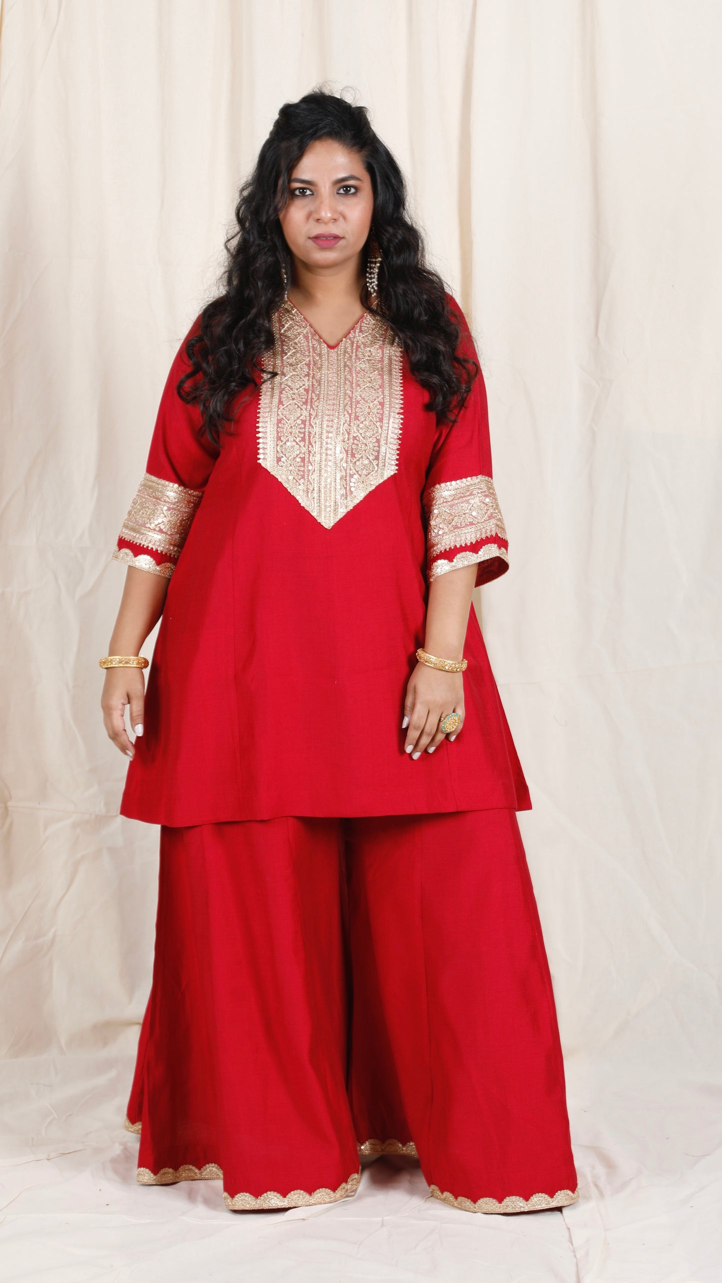 Shanaya - 3 pc set - RED - Crape silk + Zari Dupatta